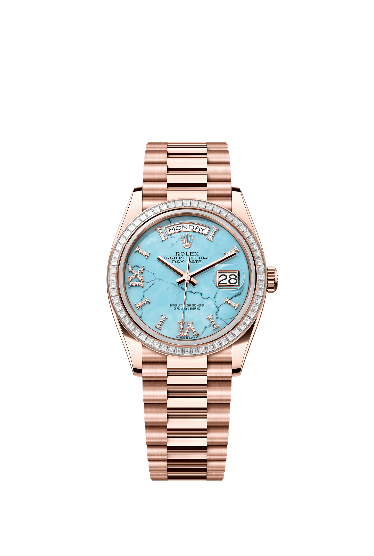 Day-Date 36, Oyster, 36 mm, Everose gold and diamonds, Dial : Turquoise set with diamonds, Rolex