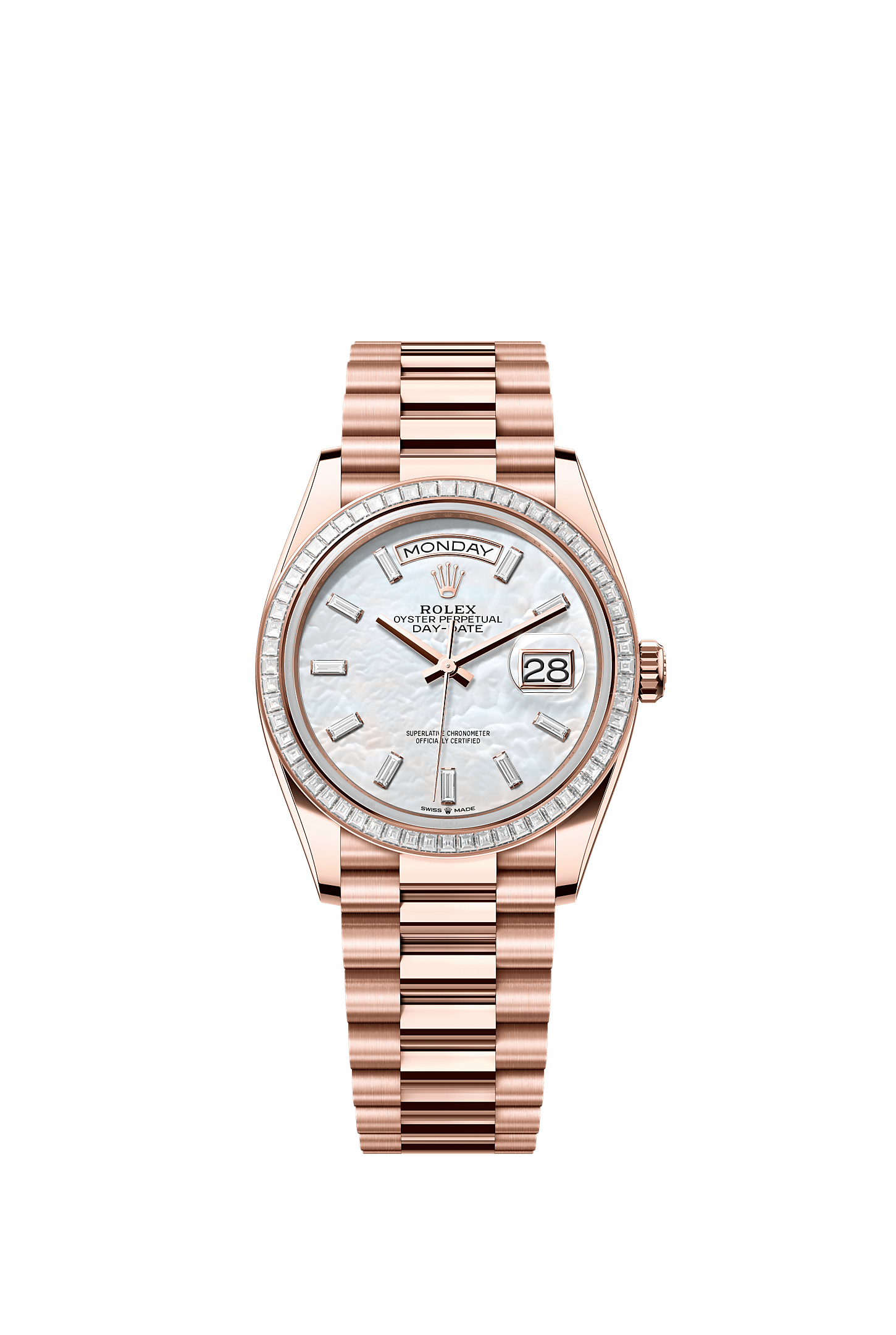 Day-Date 36, Oyster, 36 mm, Everose-goud en diamanten, Wijzerplaat : Wit parelmoer, bezet met diamanten, Rolex