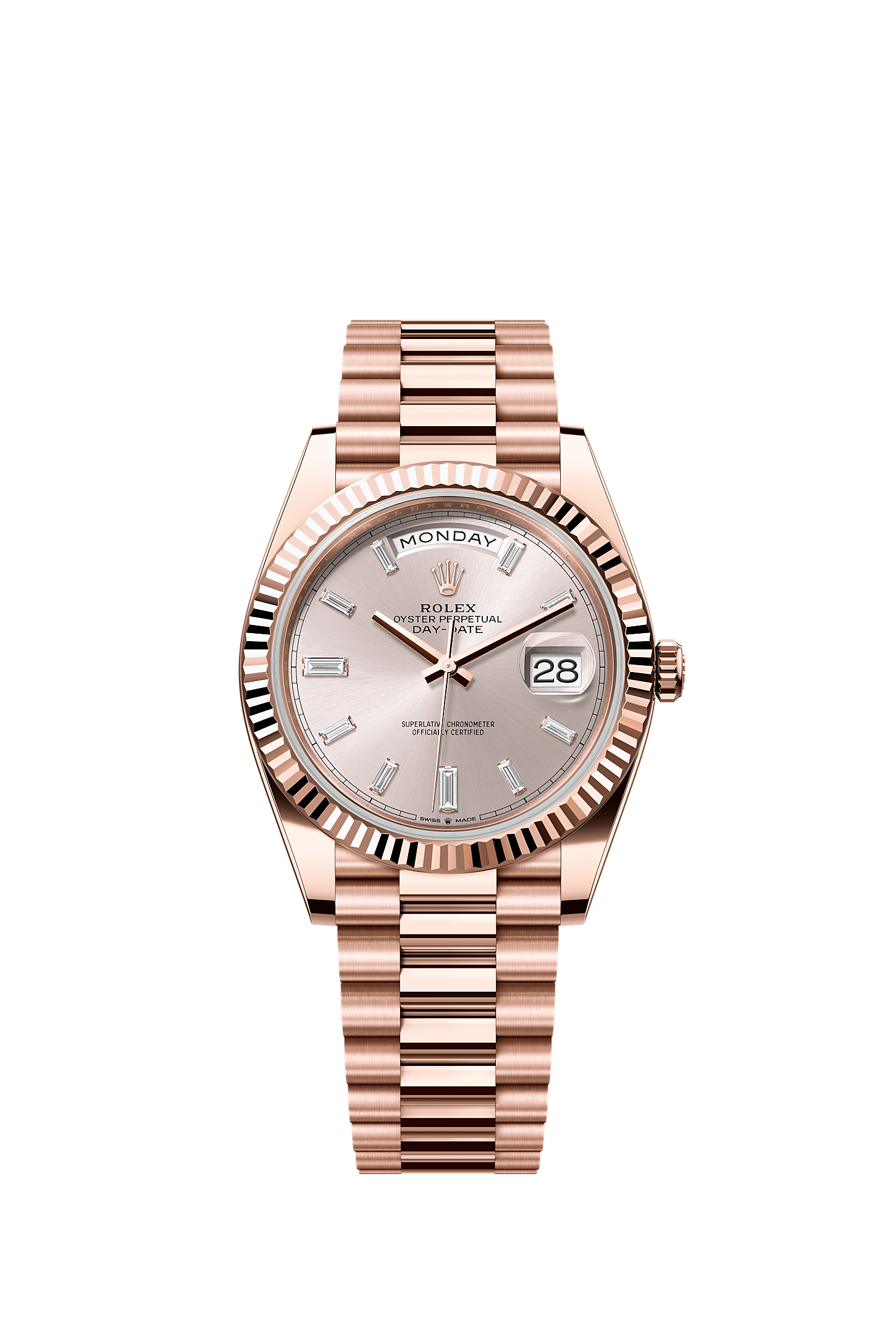 Day-Date 40, Oyster, 40 mm, ouro Everose, Mostrador : Sundust cravejado de diamantes, Rolex