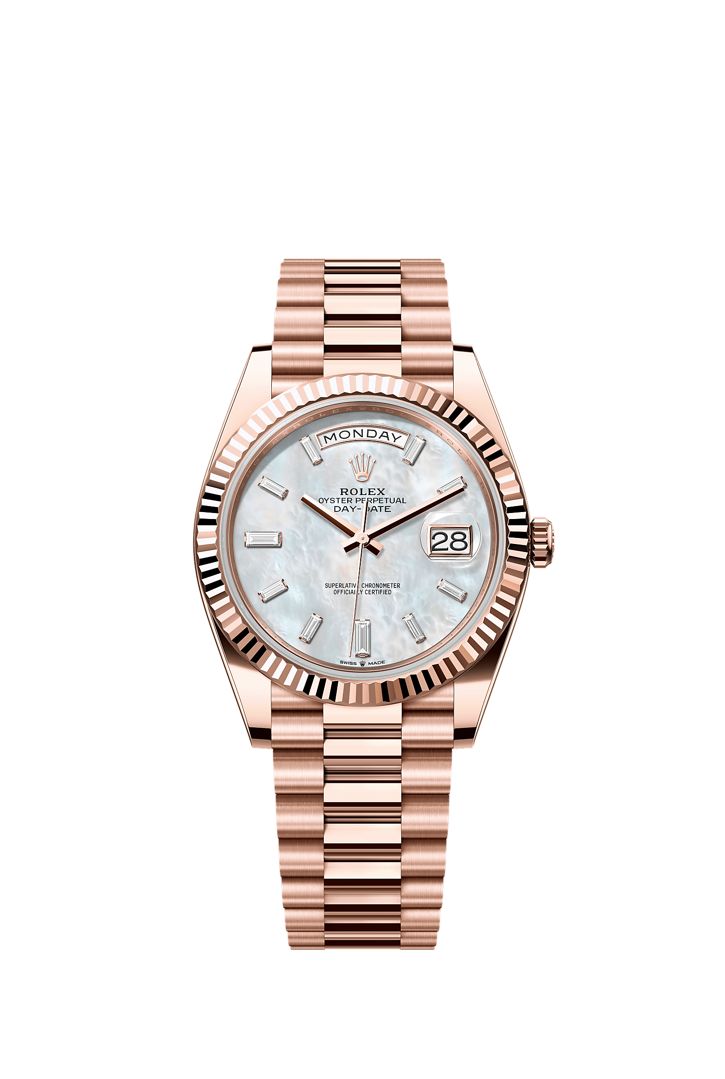Day-Date 40, Oyster, 40 mm, Everose altın, Kadran : Pırlantalı beyaz sedef, Rolex