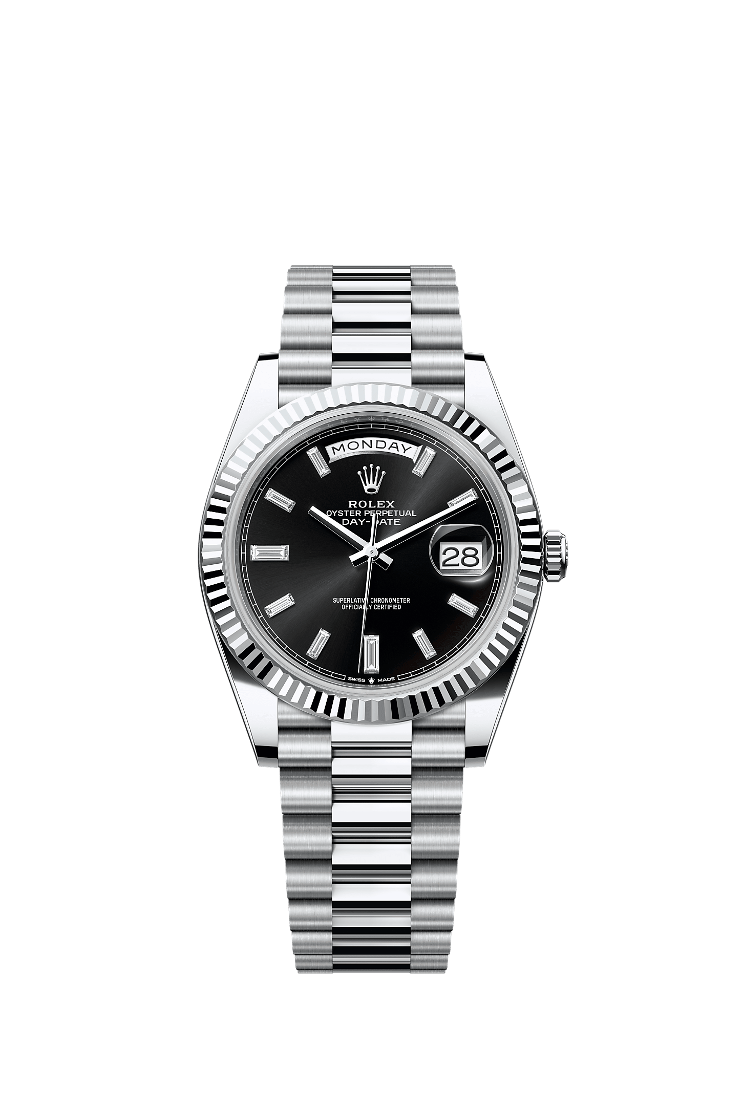 Day-Date 40, Oyster, 40 mm, platinum, Permukaan : Hitam terang dipasangkan dengan berlian, Rolex