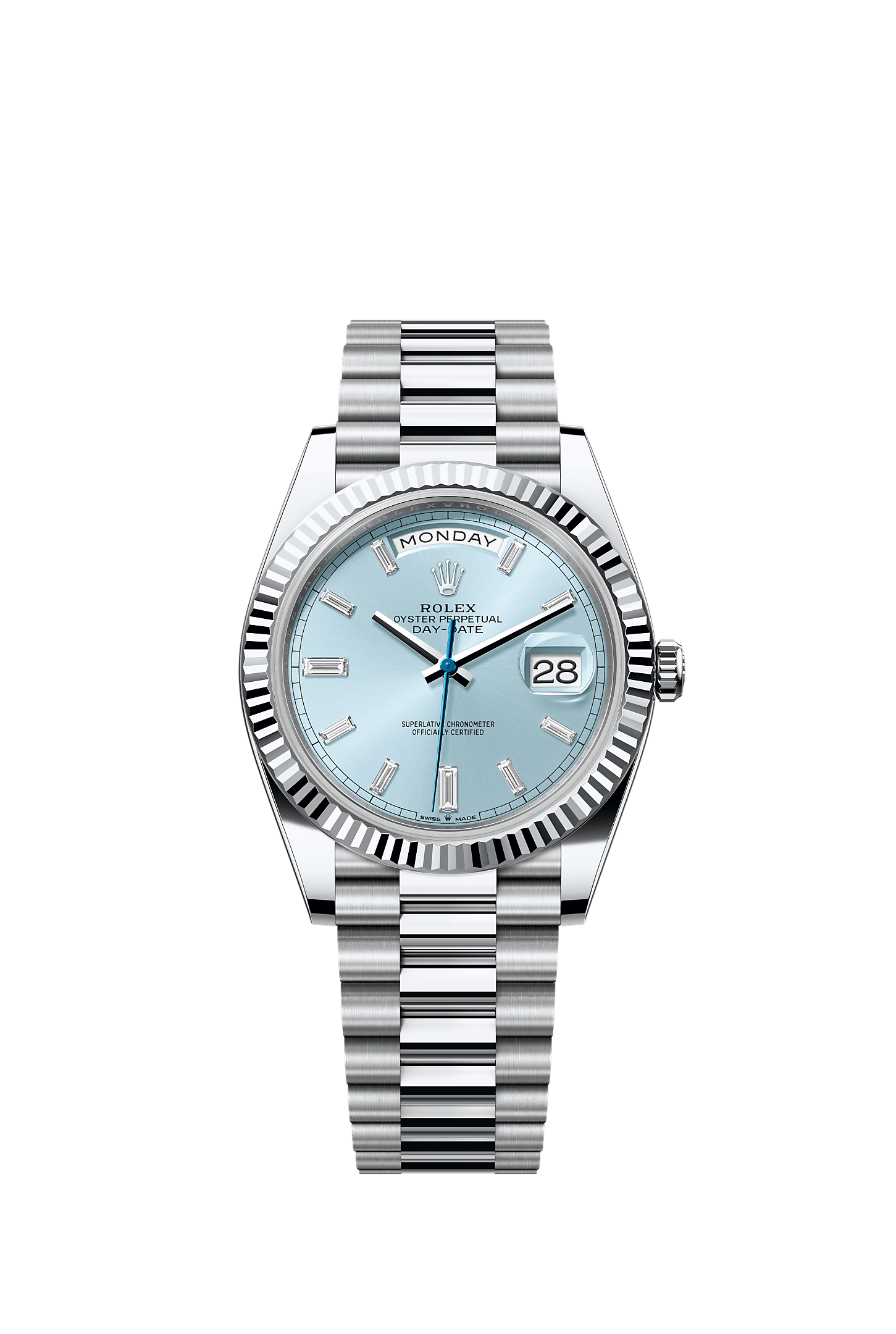 Day-Date 40, Oyster, 40 mm, platinum, Permukaan : Biru salji dipasangkan dengan berlian, Rolex