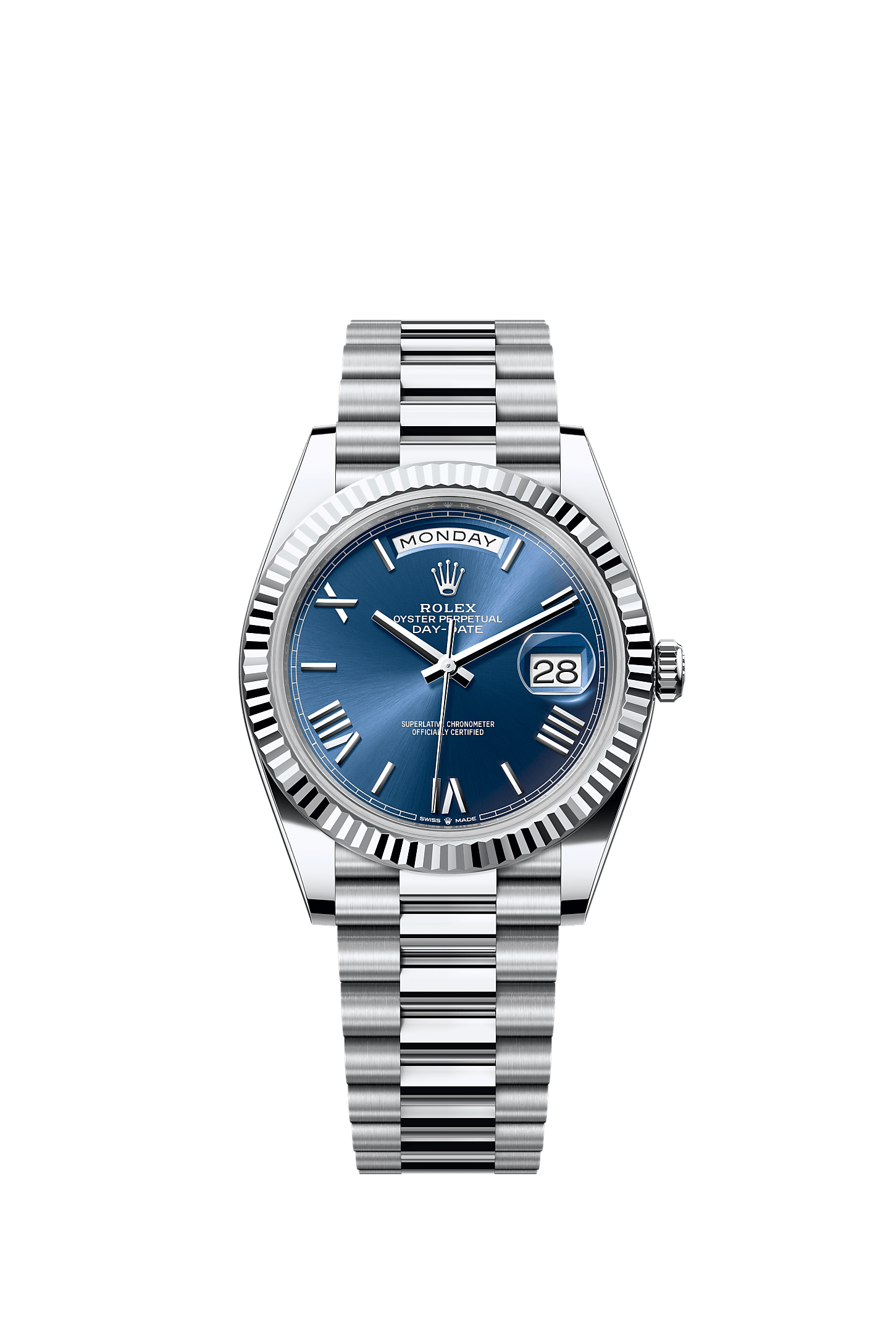 Day-Date 40, Oyster, 40 mm, platinum, Dial : Bright blue, Rolex