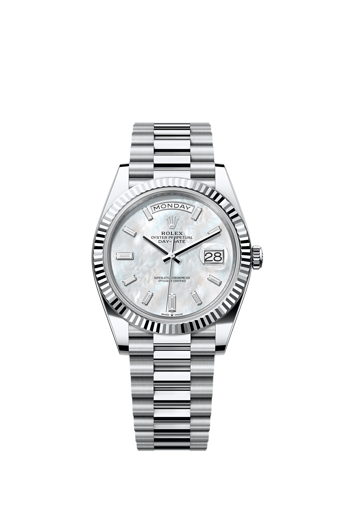 Day-Date 40, Oyster, 40 mm, platine, Cadran : Nacre blanche, serti de diamants, Rolex