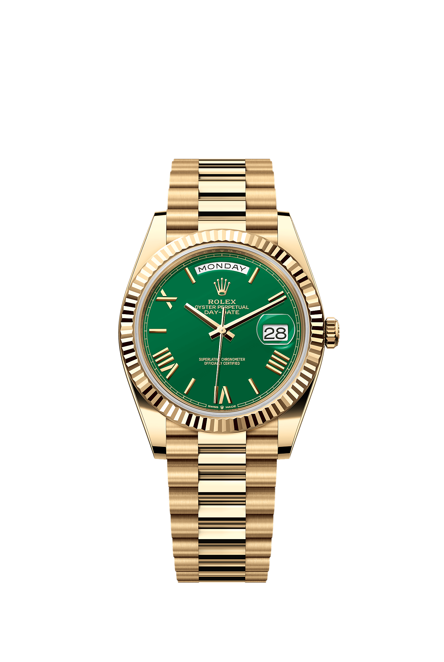 Day-Date 40, Oyster, 40 mm, vàng kim, Mặt đồng hồ : Xanh lá cây, Rolex