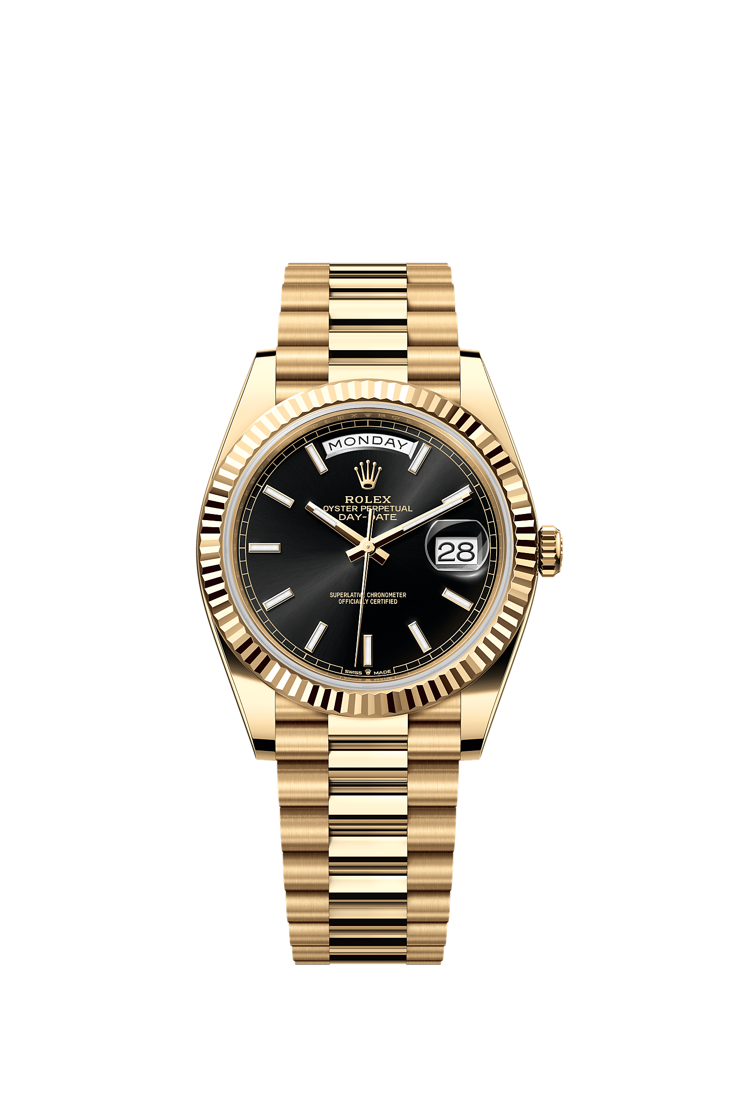 Day-Date 40, Oyster, 40 mm, emas kuning, Permukaan : Hitam terang, Rolex