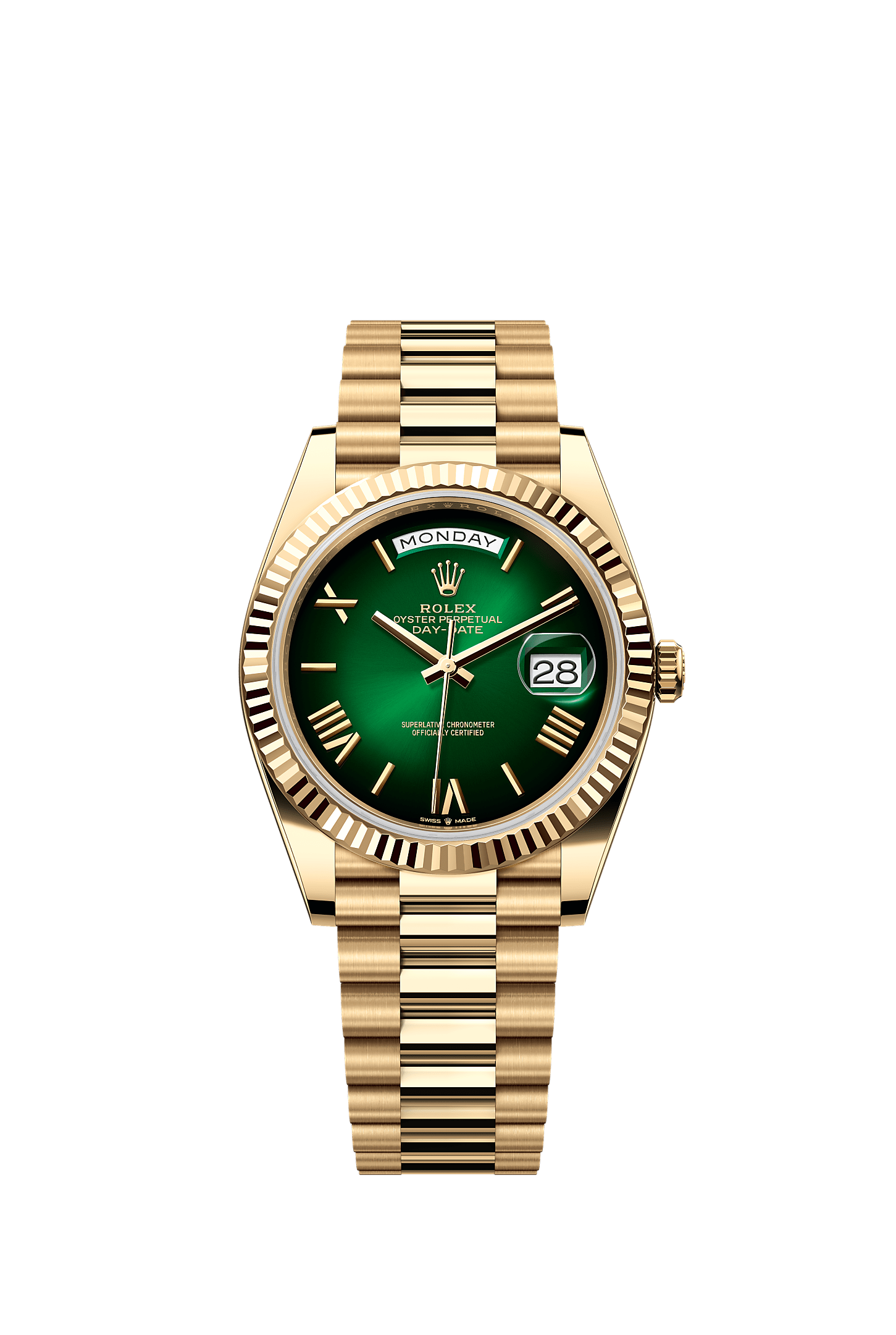 داي ديت ٤٠, أويستر، ٤٠ مم، من الذهب الأصفر, المينا : أخضر مُضلَّل, Rolex