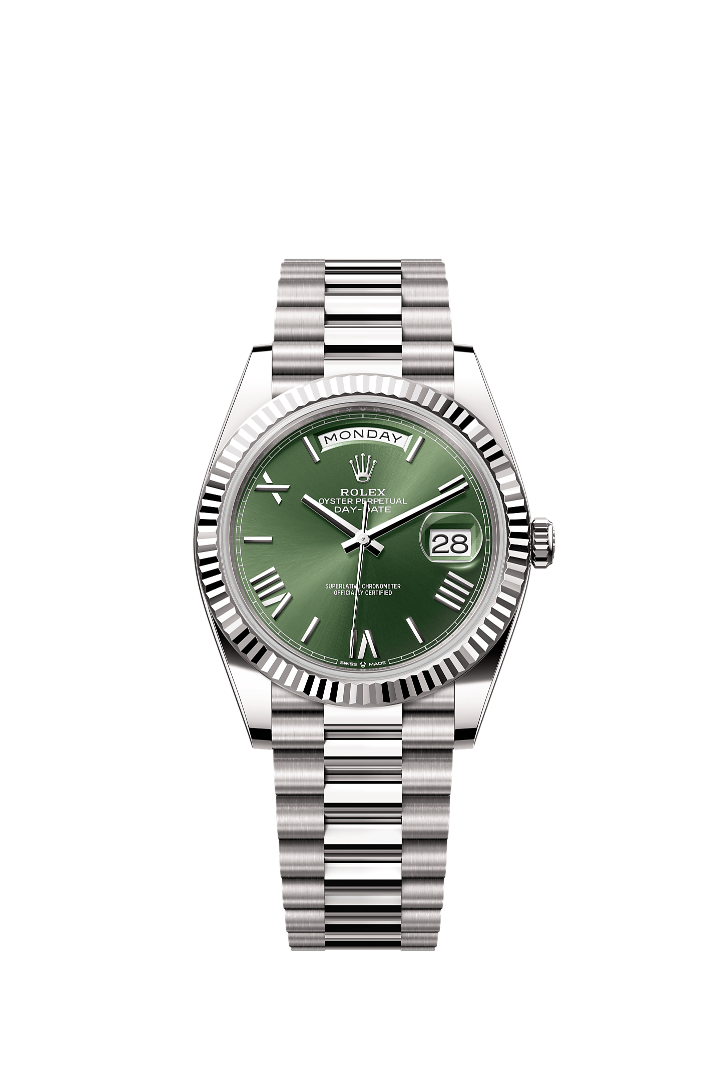 Day-Date 40, Oyster, 40 mm, ouro branco, Mostrador : Verde-oliva, Rolex