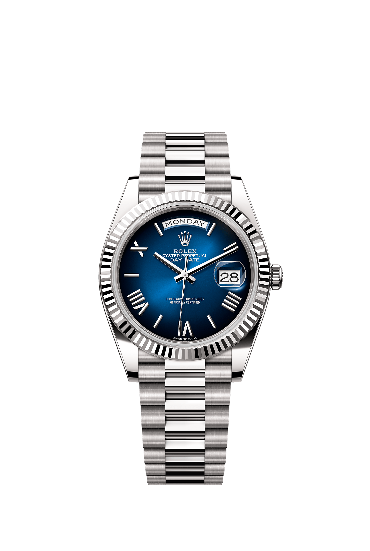 Day-Date 40, Oyster, 40 мм, белое золото, Циферблат : Синий омбре, Rolex