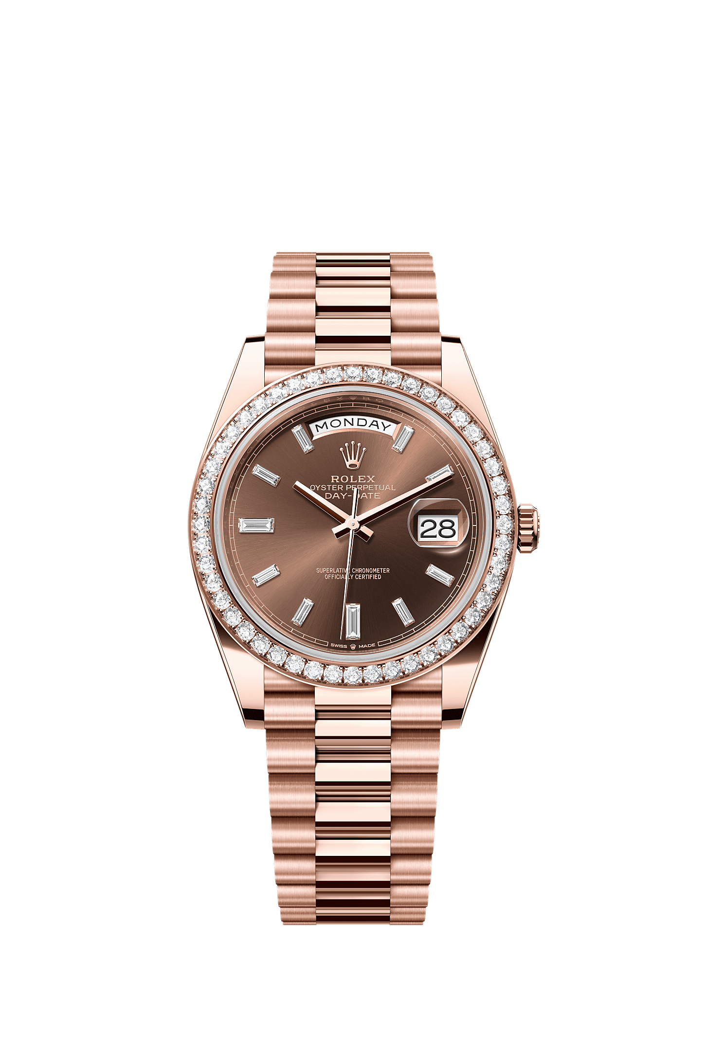 Day-Date 40, Oyster, 40 mm, ouro Everose e diamantes, Mostrador : Chocolate cravejado de diamantes, Rolex