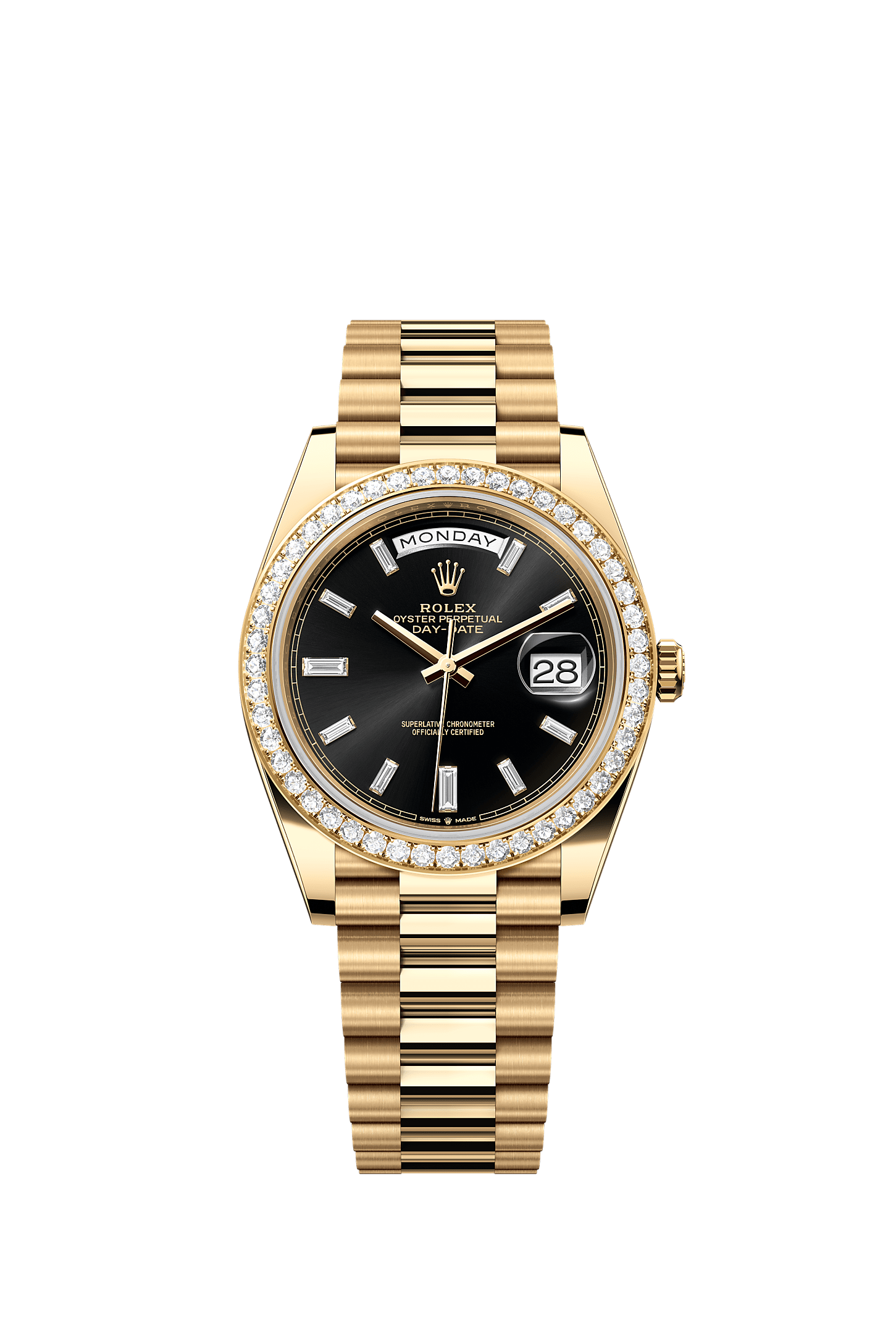 Day-Date 40, Oyster, 40 mm, or jaune et diamants, Cadran : Noir vif, serti de diamants, Rolex