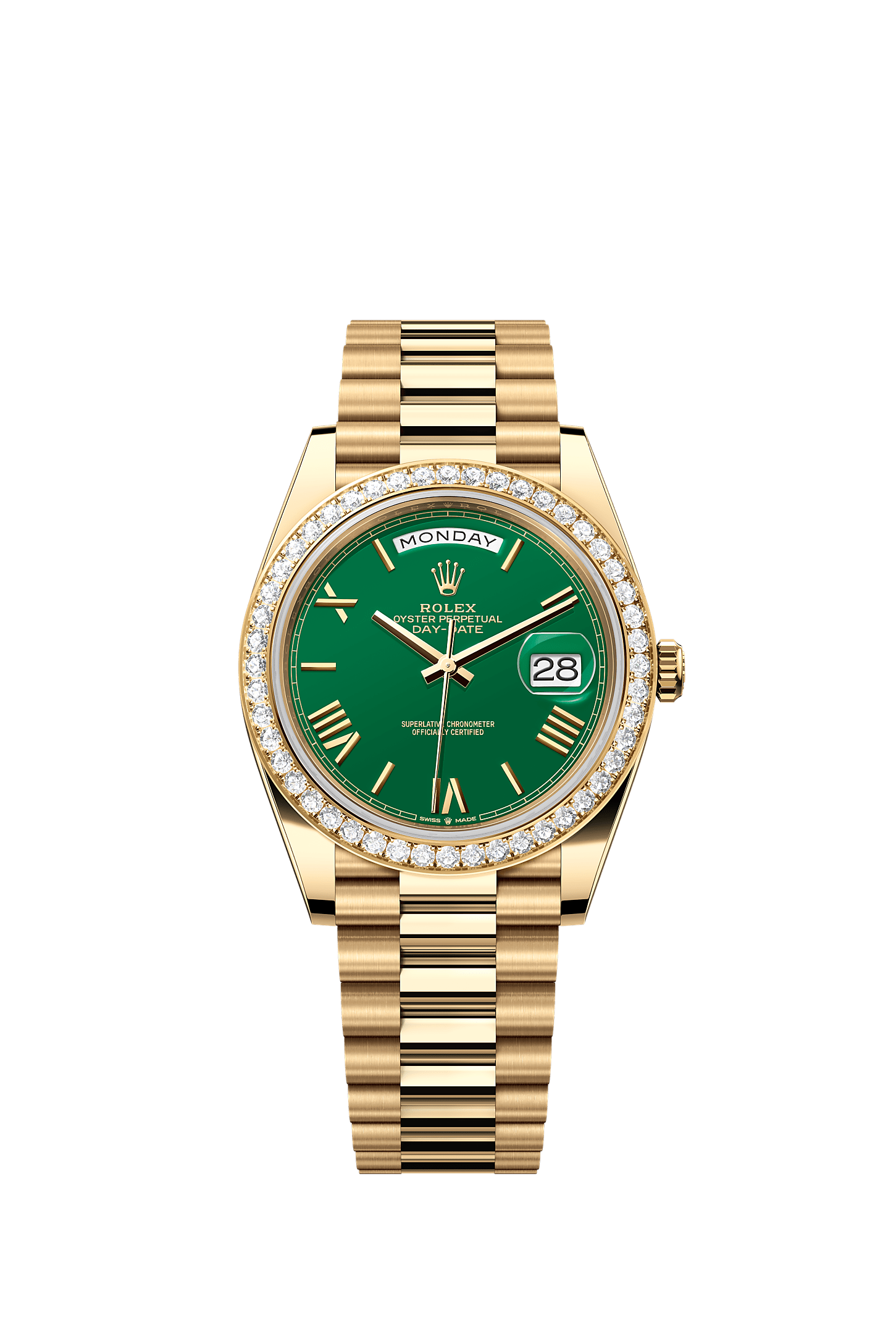 डे-डेट 40, ऑयस्टर, 40 मिमी, येलो गोल्ड और डायमंड्स, डायल : ग्रीन, Rolex