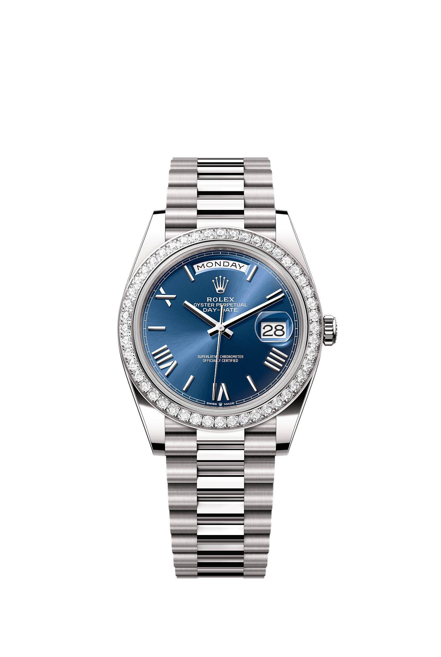Day-Date 40, Oyster, 40 mm, emas putih dan berlian, Permukaan : Biru terang, Rolex