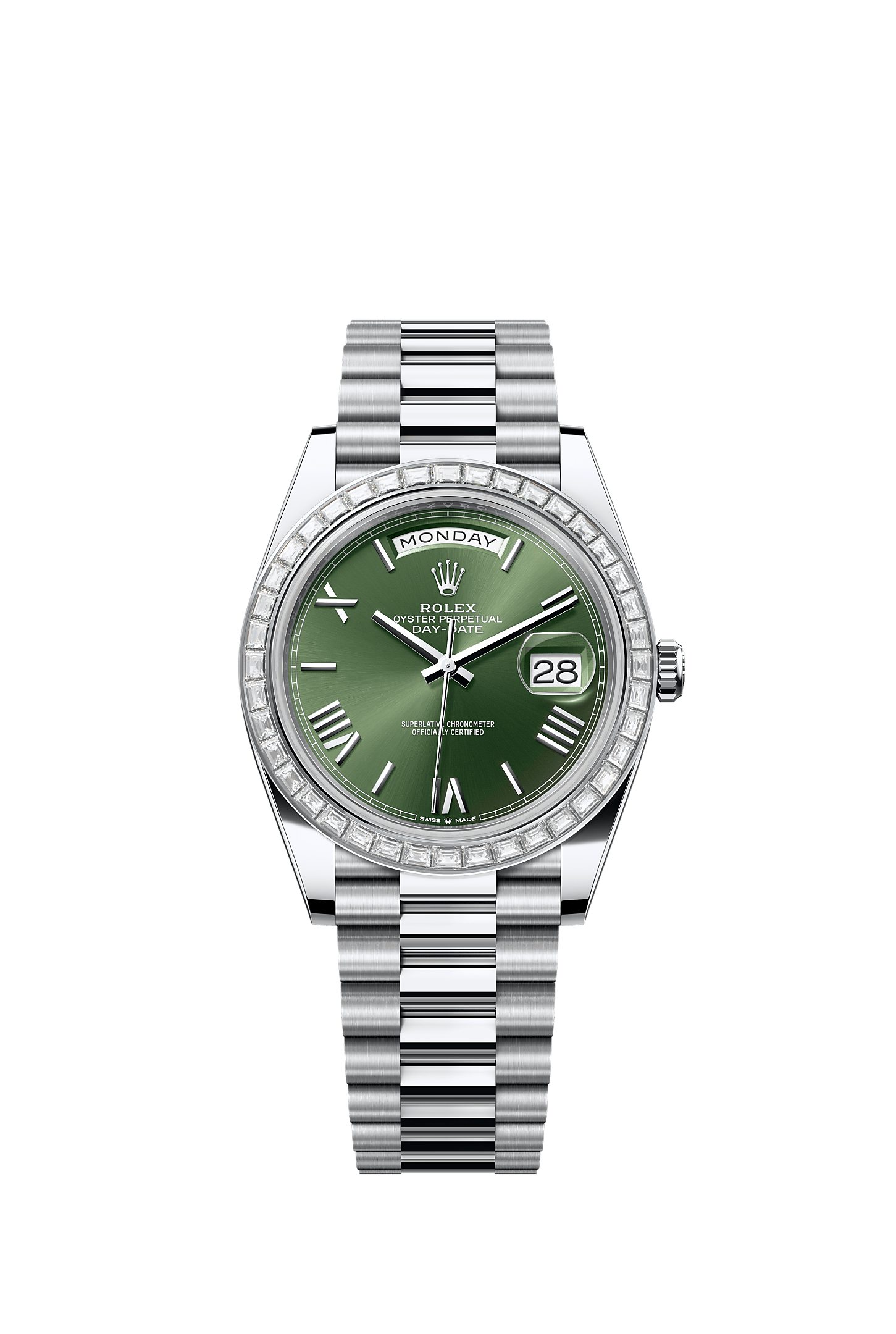 Day-Date 40, Oyster, 40 mm, platino e diamanti, Quadrante : Verde oliva, Rolex