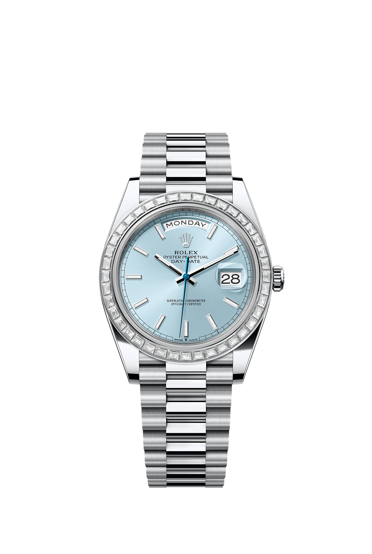 Day-Date 40, Oyster, 40 mm, platina e diamantes, Mostrador : Azul glacial, Rolex