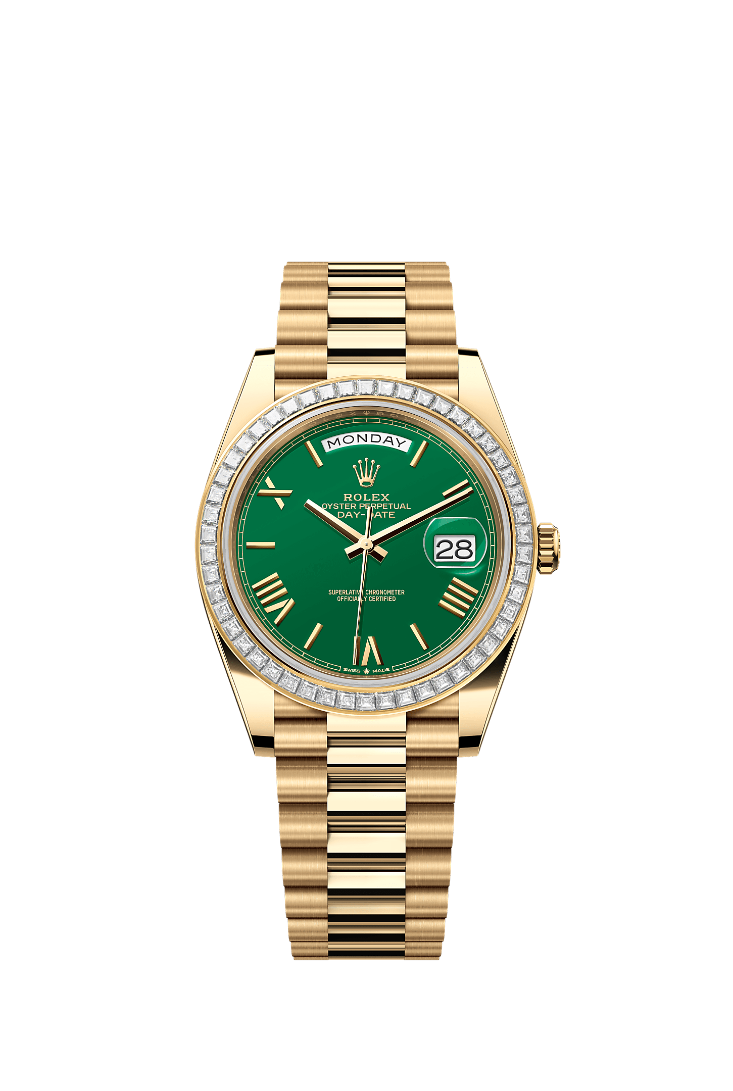 डे-डेट 40, ऑयस्टर, 40 मिमी, येलो गोल्ड और डायमंड्स, डायल : ग्रीन, Rolex