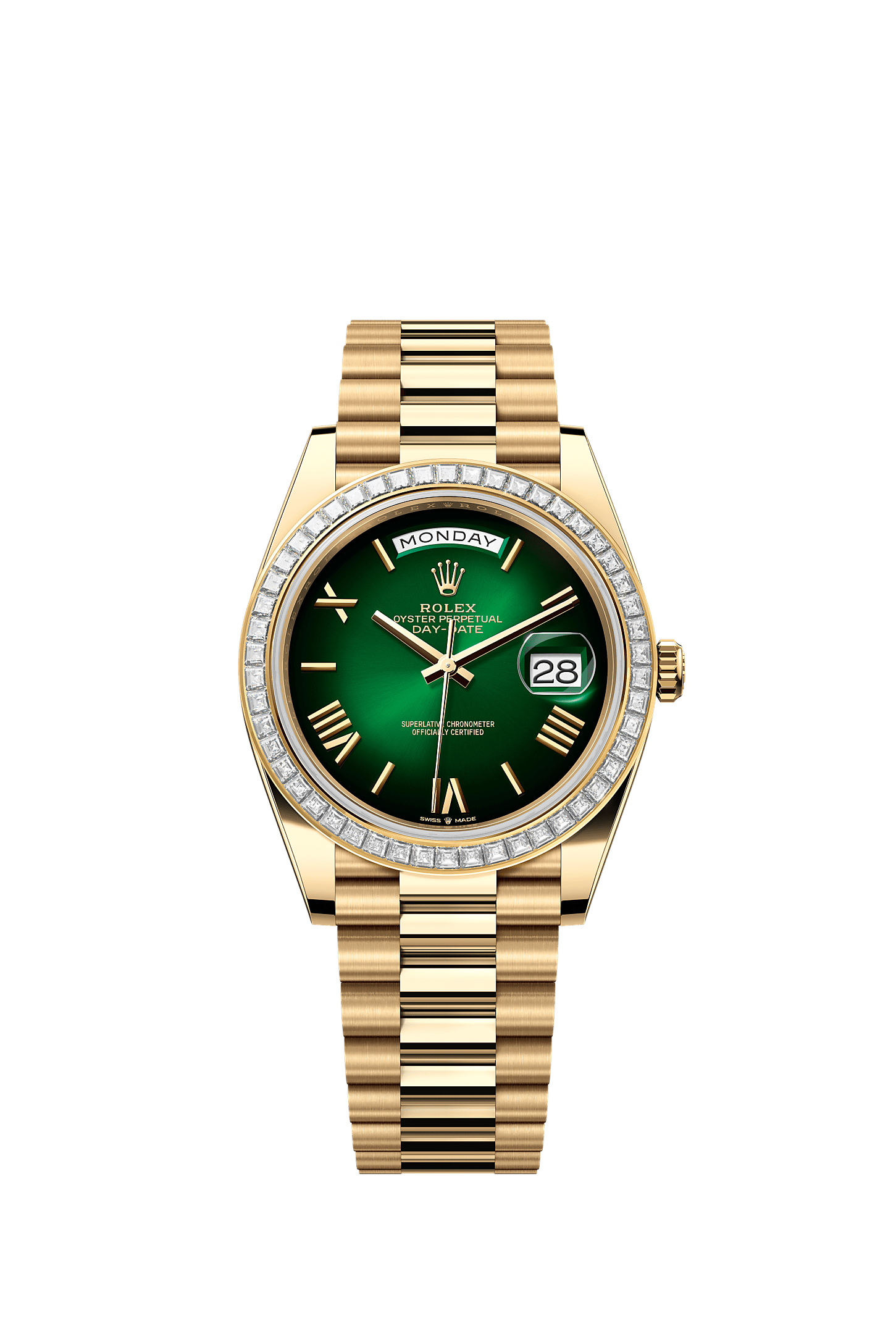 Day-Date 40, Oyster, 40 mm, geelgoud en diamanten, Wijzerplaat : Schaduwgroen, Rolex
