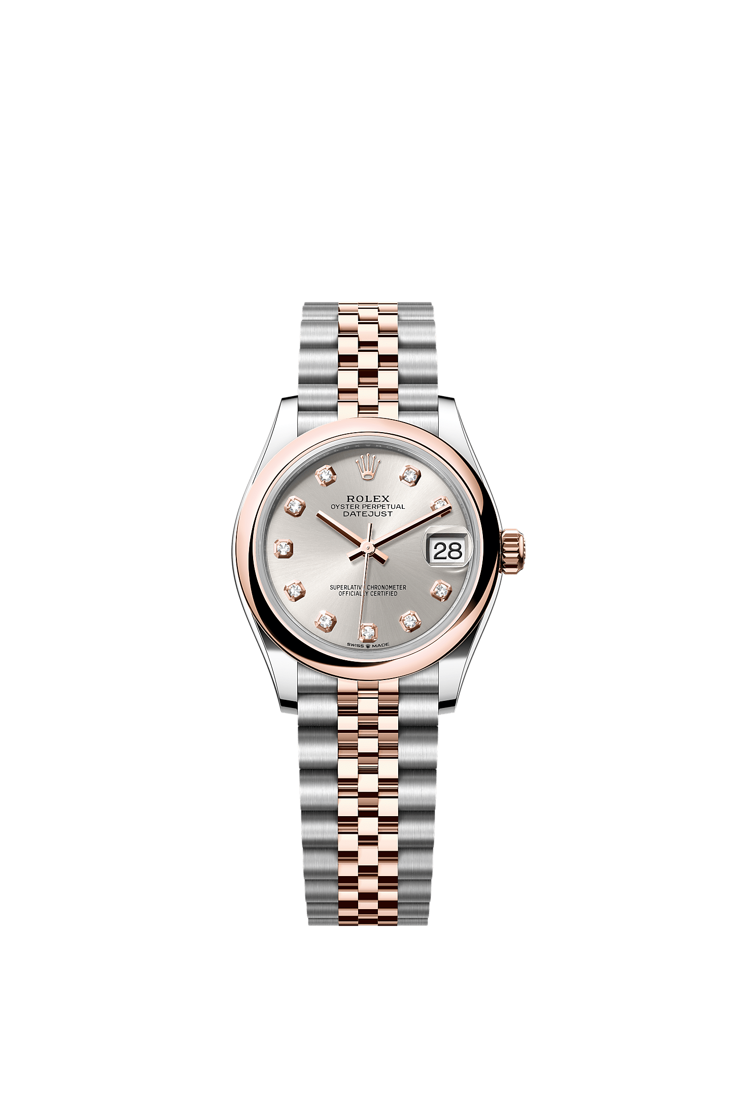 Datejust 31, Oyster, 31 mm, aço Oystersteel e ouro Everose, Mostrador : Prateado cravejado de diamantes, Rolex