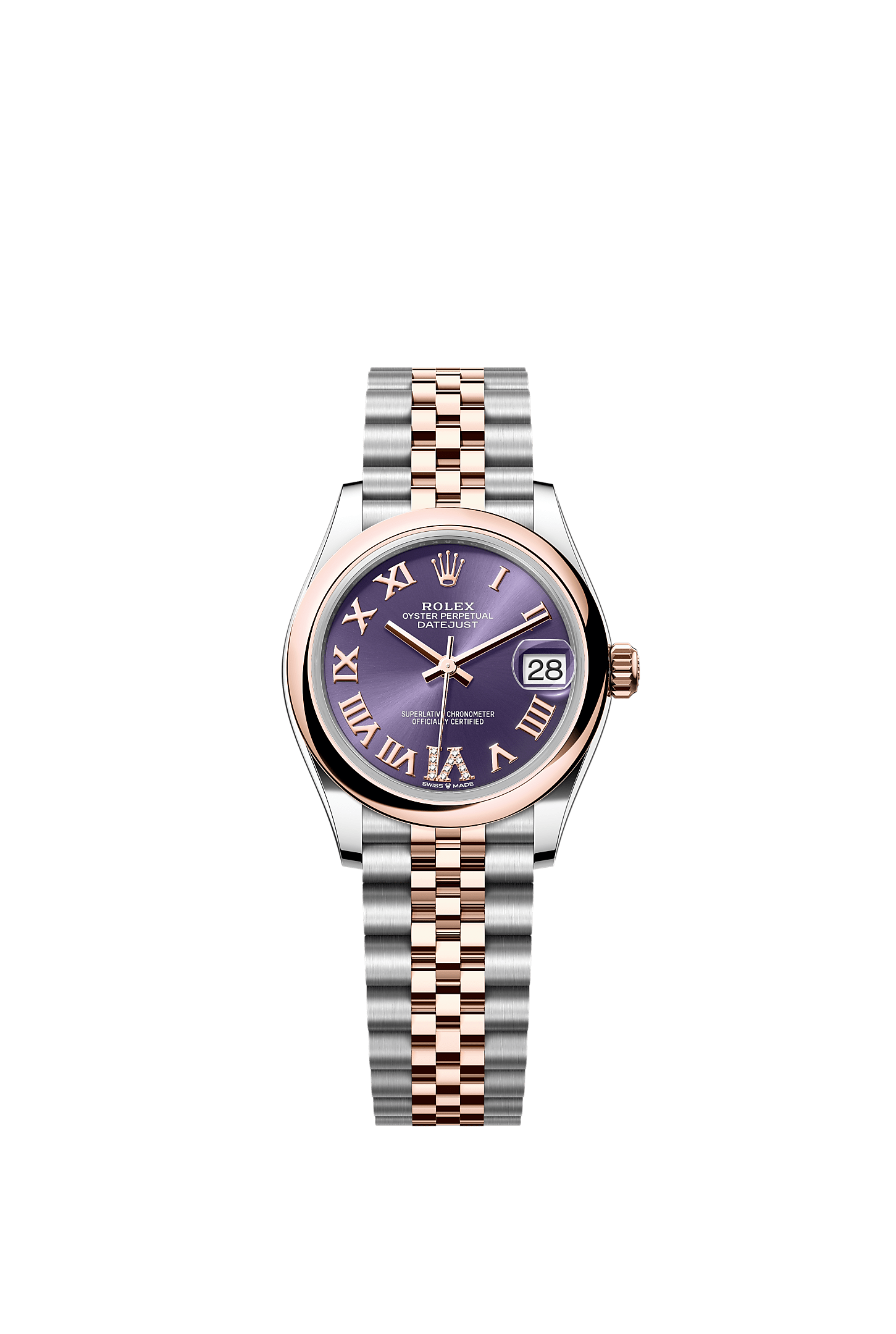 Datejust 31, Oyster, 31 mm, acier Oystersteel et or Everose, Cadran : Aubergine, serti de diamants, Rolex