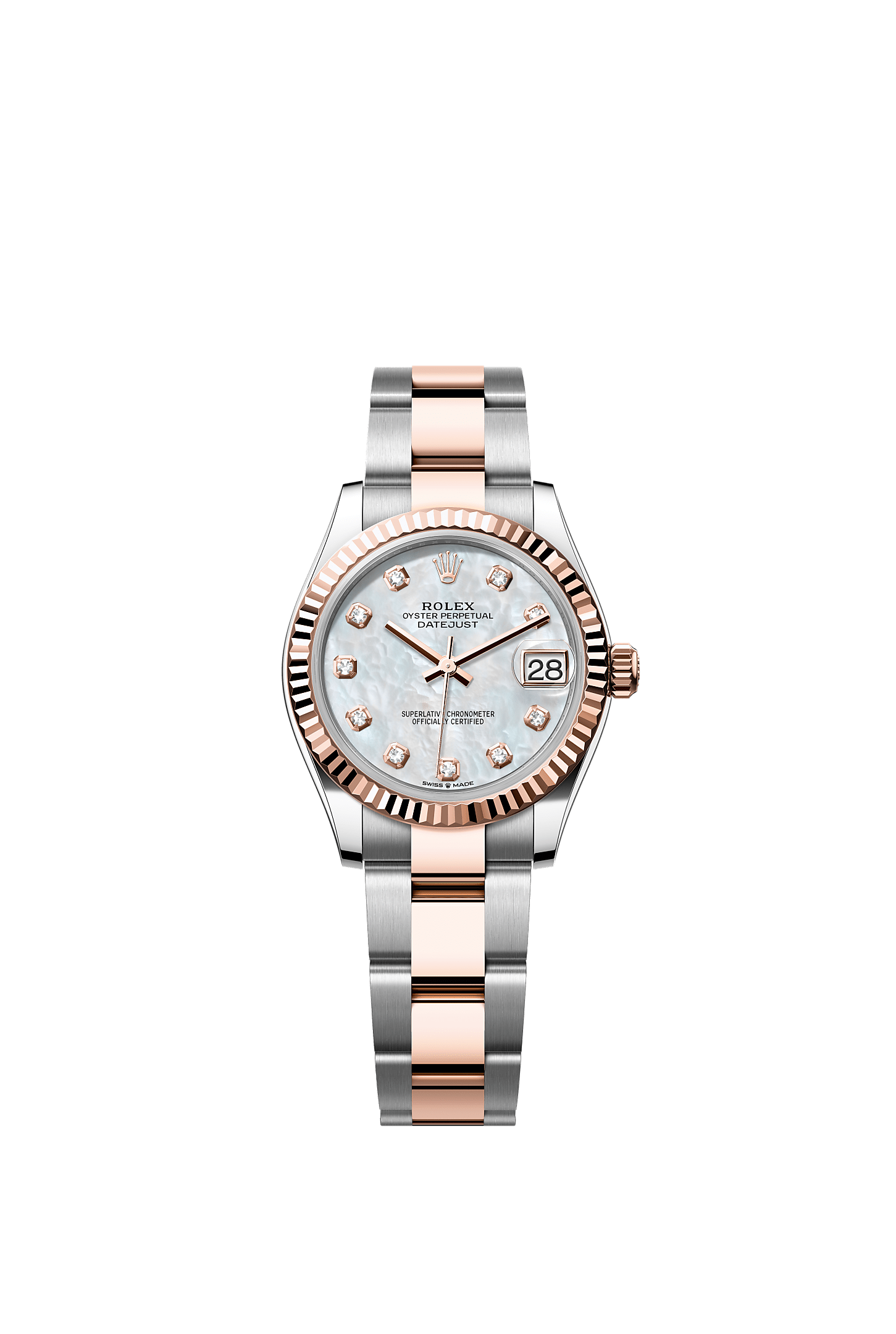 Datejust 31, Oyster, 31 mm, thép Oystersteel và vàng Everose, Mặt đồng hồ : Mặt đồng hồ ngọc trai trắng nạm kim cương, Rolex