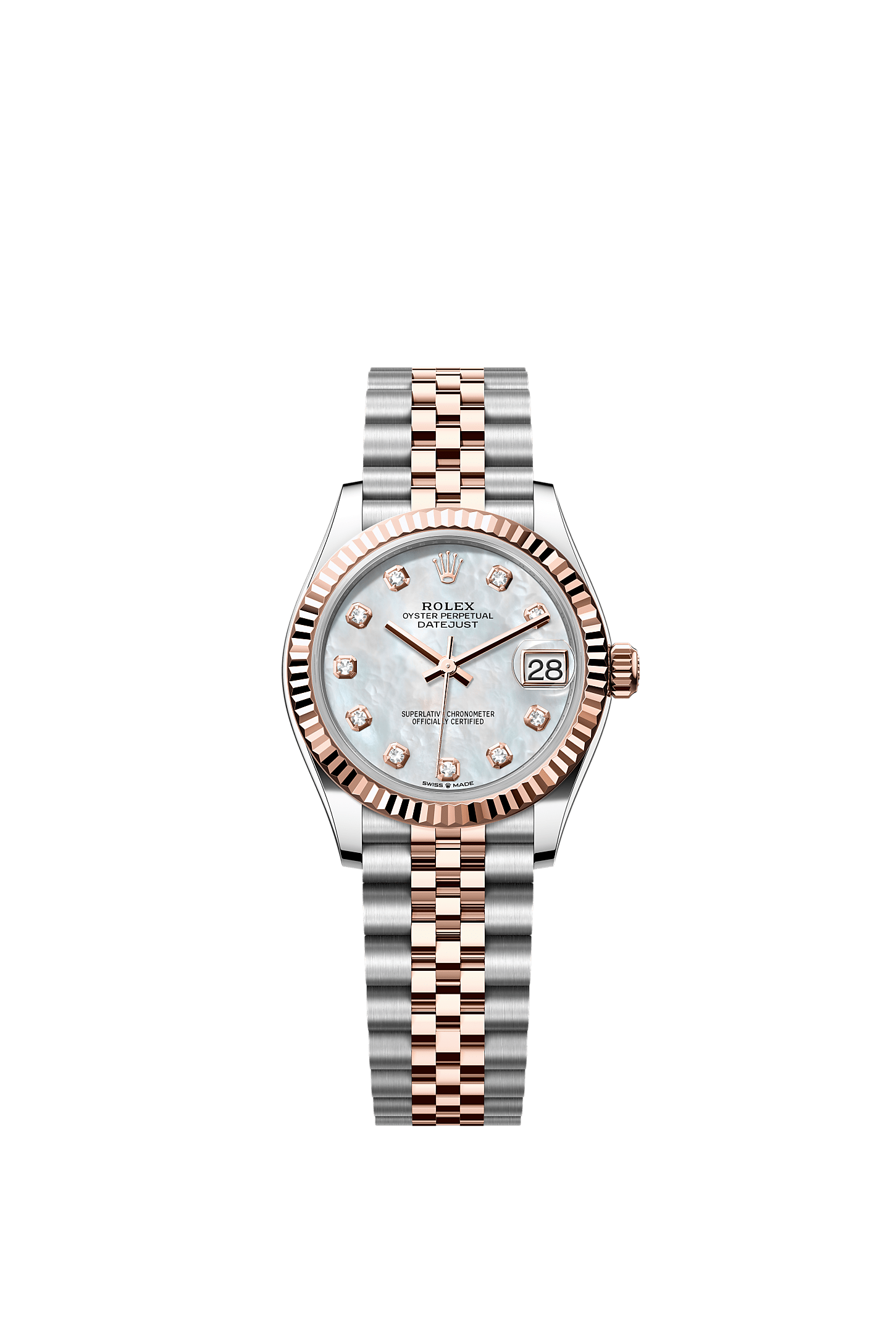 Datejust 31, Oyster, 31 mm, stal Oystersteel i różowe złoto Everose, Tarcza : Biała, z masy perłowej, wysadzana brylantami, Rolex