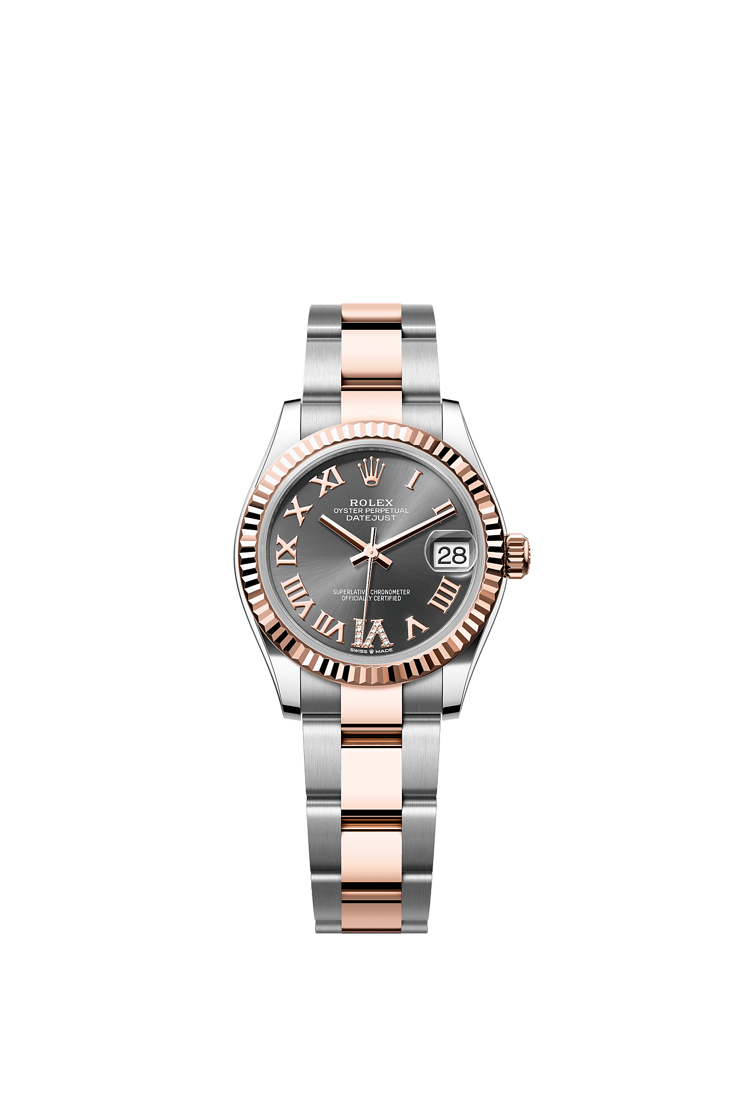Datejust 31, Oyster, 31 mm, acier Oystersteel et or Everose, Cadran : Ardoise, serti de diamants, Rolex