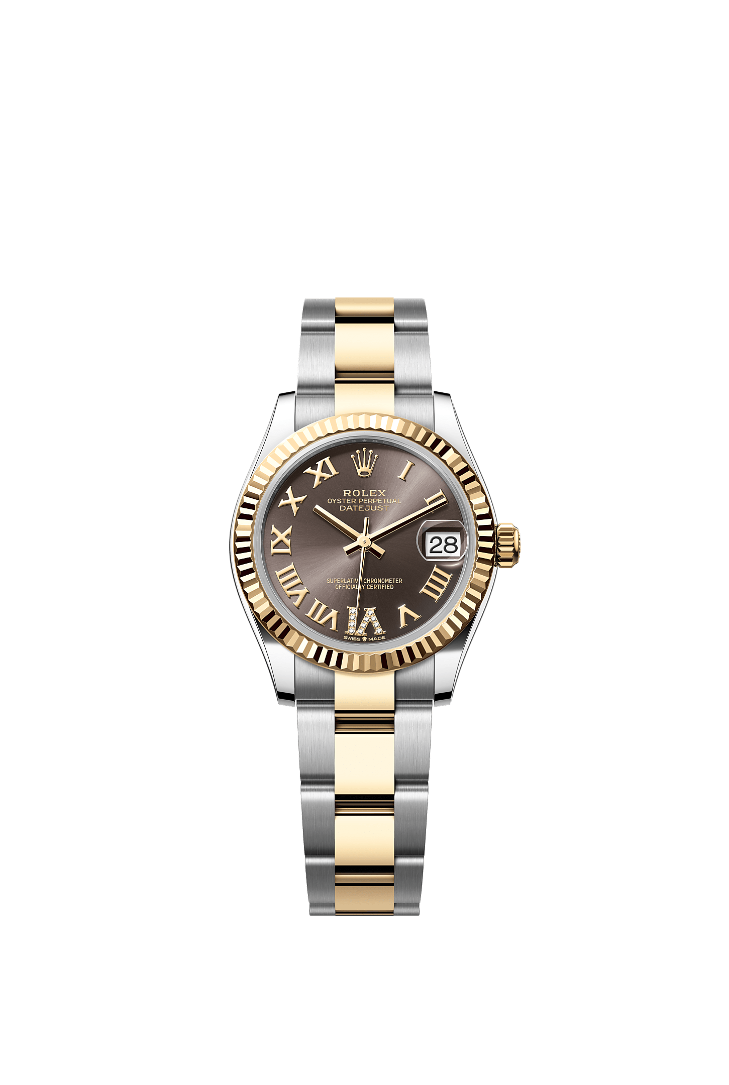 Datejust 31, Oyster, 31 mm, Oystersteel en geelgoud, Wijzerplaat : Donkergrijs bezet met diamanten, Rolex