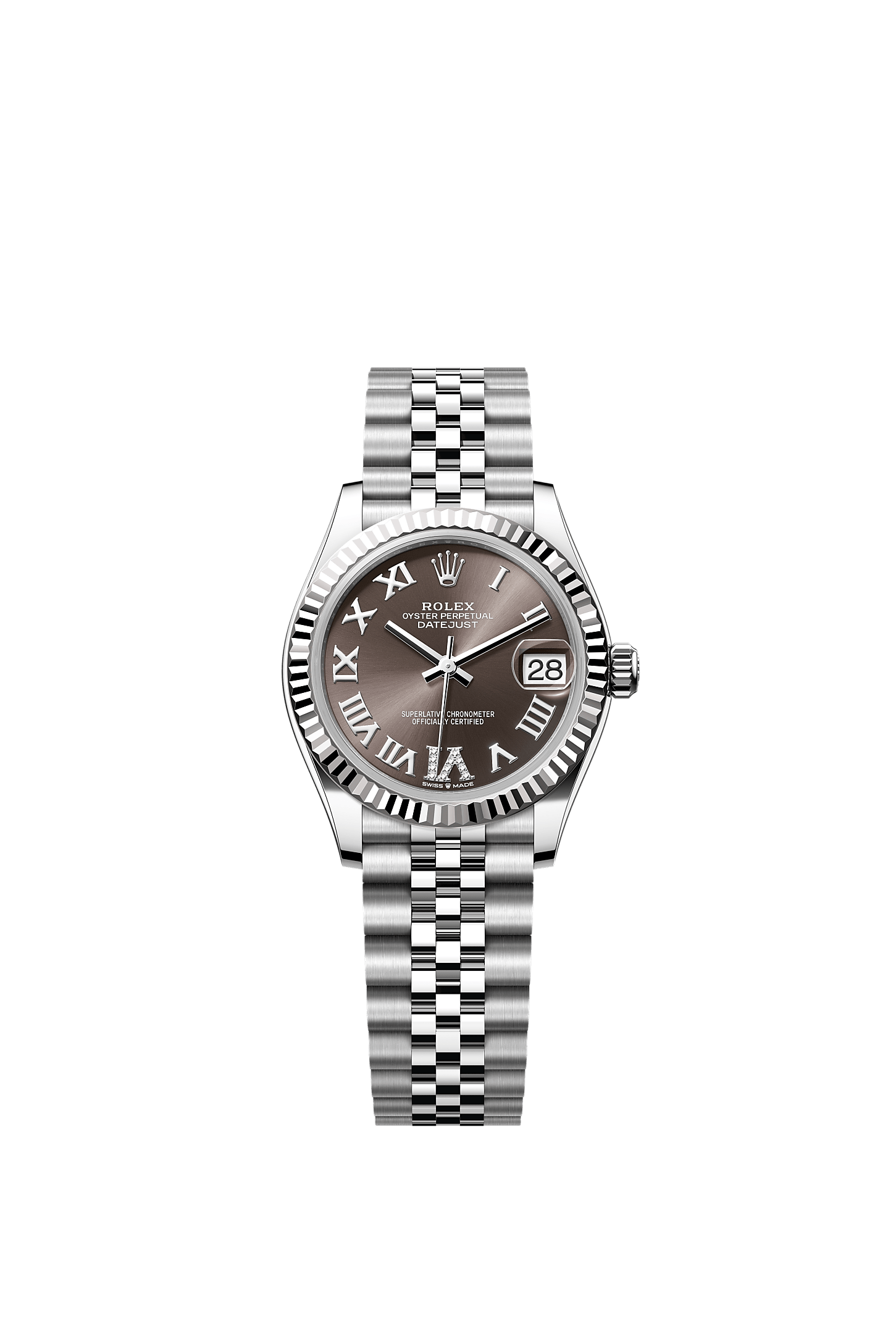 Datejust 31, Oyster, 31 mm, acier Oystersteel et or gris, Cadran : <i>Dark grey</i>, serti de diamants, Rolex