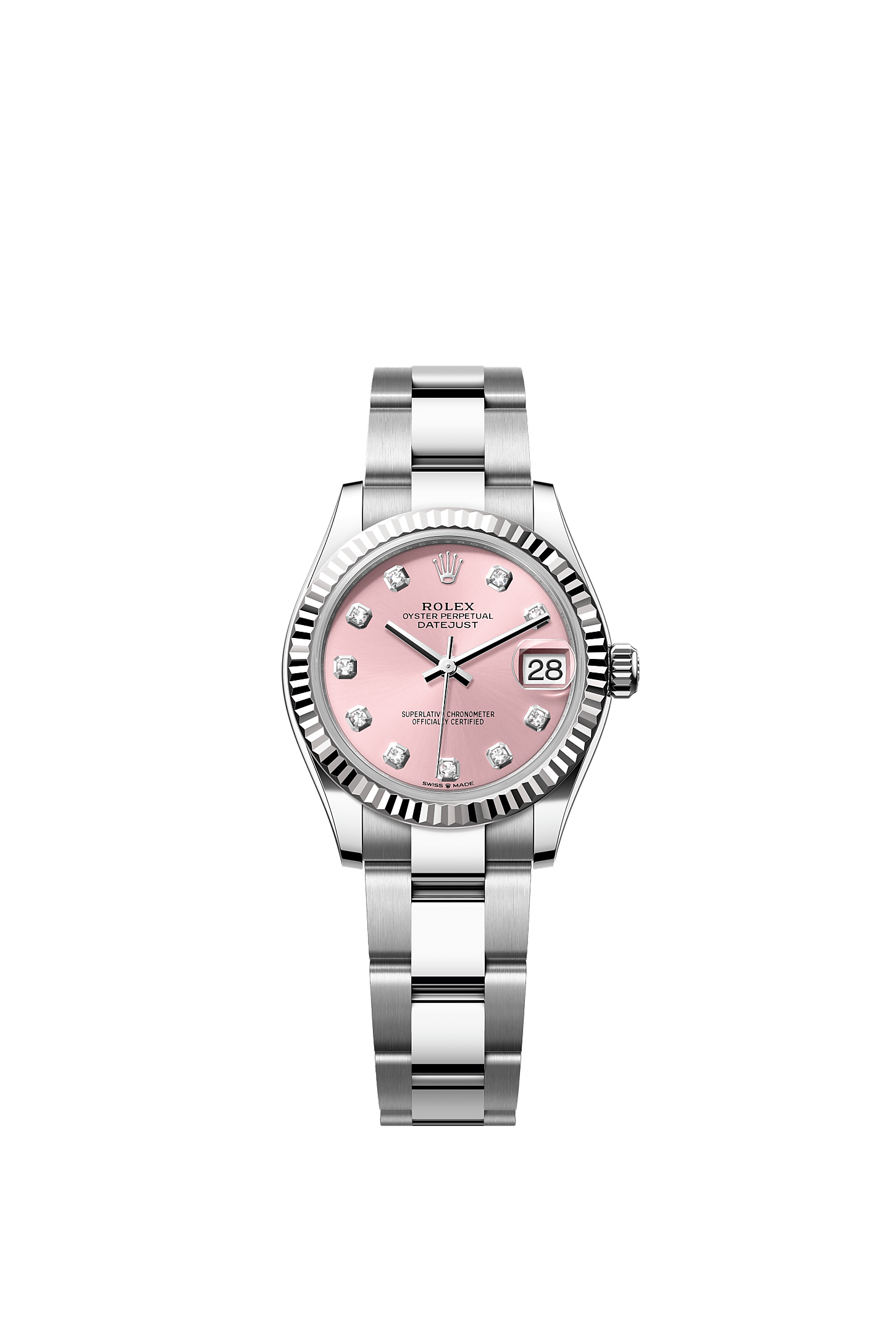 Datejust 31, اویستر، ۳۱ میلیمتری، اویستراستیل و طلای سفید, صفحه‌ : صورتی الماسنشان, Rolex