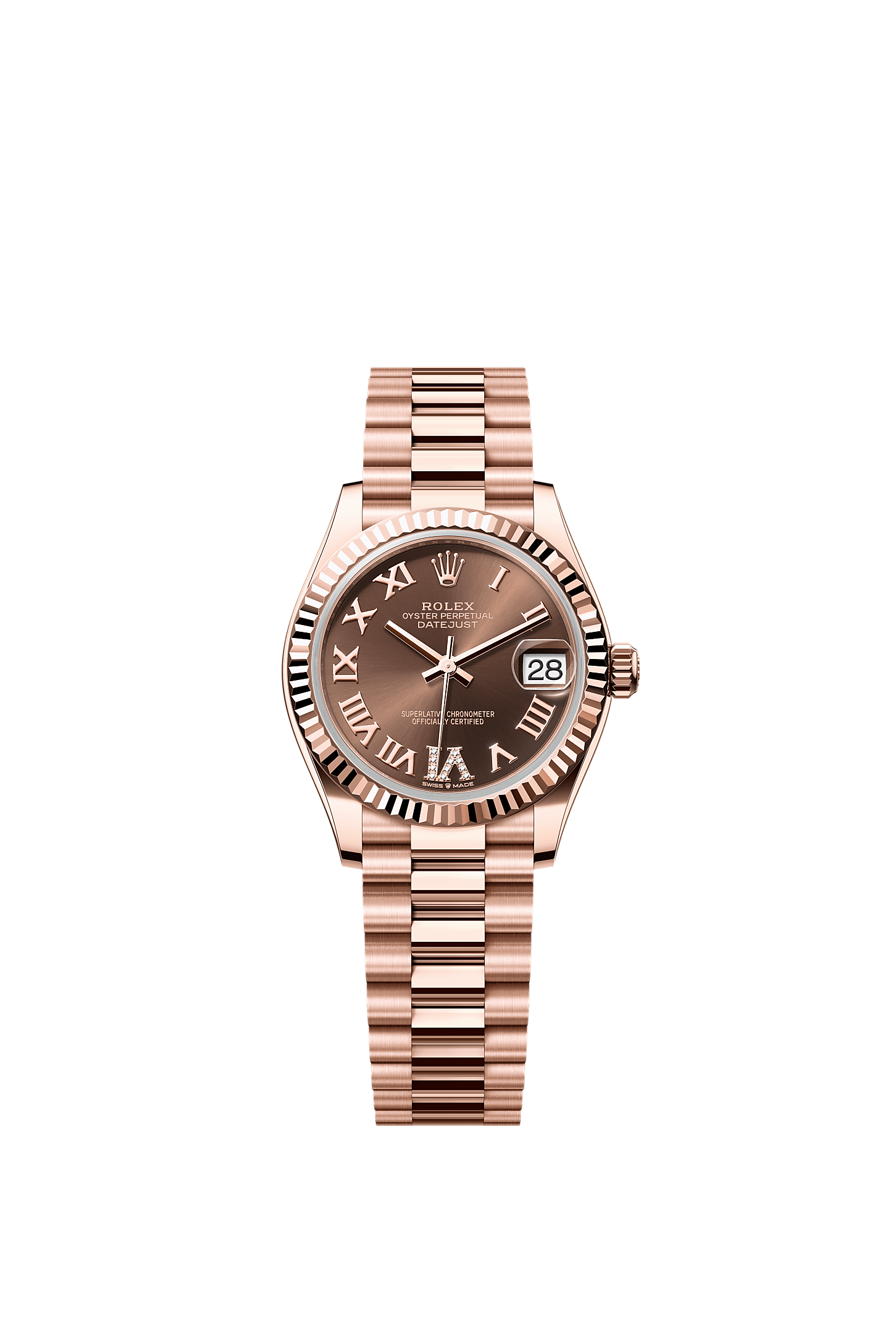 Datejust 31, Oyster, 31 mm, ouro Everose, Mostrador : Chocolate cravejado de diamantes, Rolex