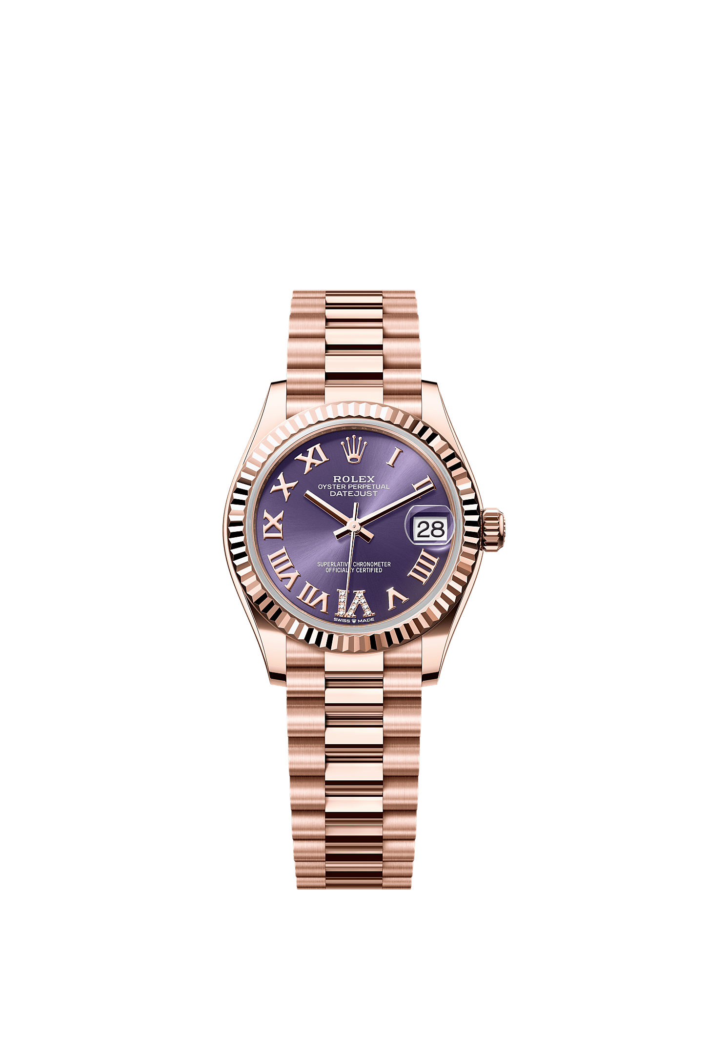 Datejust 31, Oyster, 31 mm, emas Everose, Permukaan : Ungu terung bertatahkan berlian, Rolex