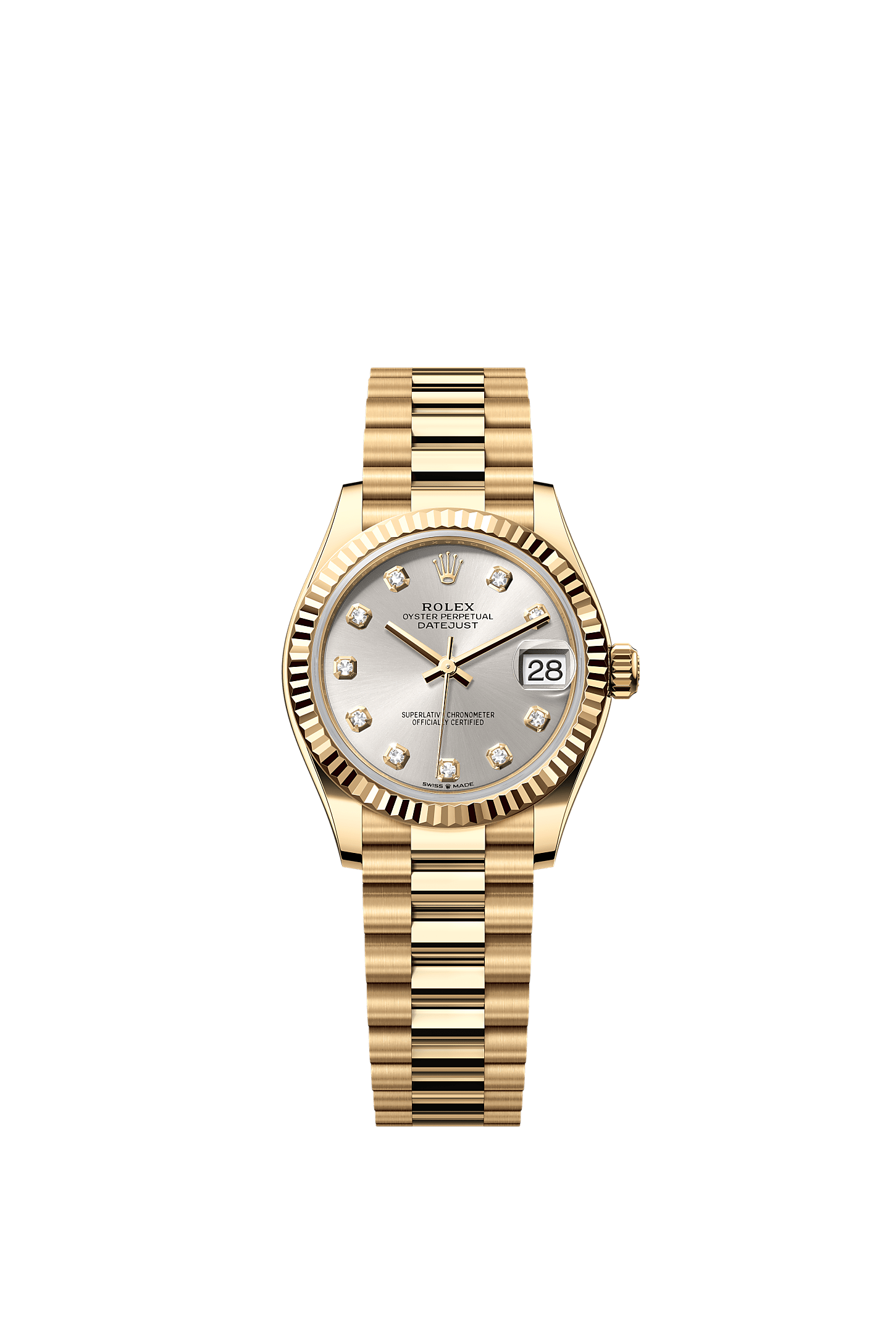 Datejust 31, Oyster, 31 mm, yellow gold, Dial : Silver set with diamonds, Rolex
