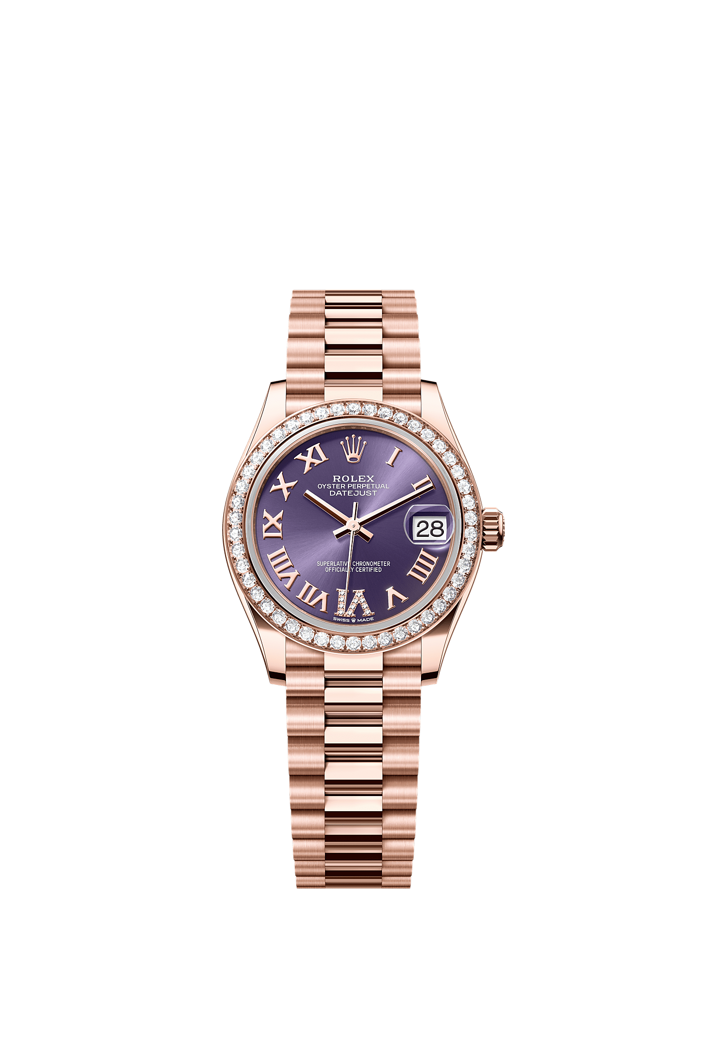 Datejust 31, Oyster, 31 mm, Everose gold and diamonds, Dial : Aubergine set with diamonds, Rolex