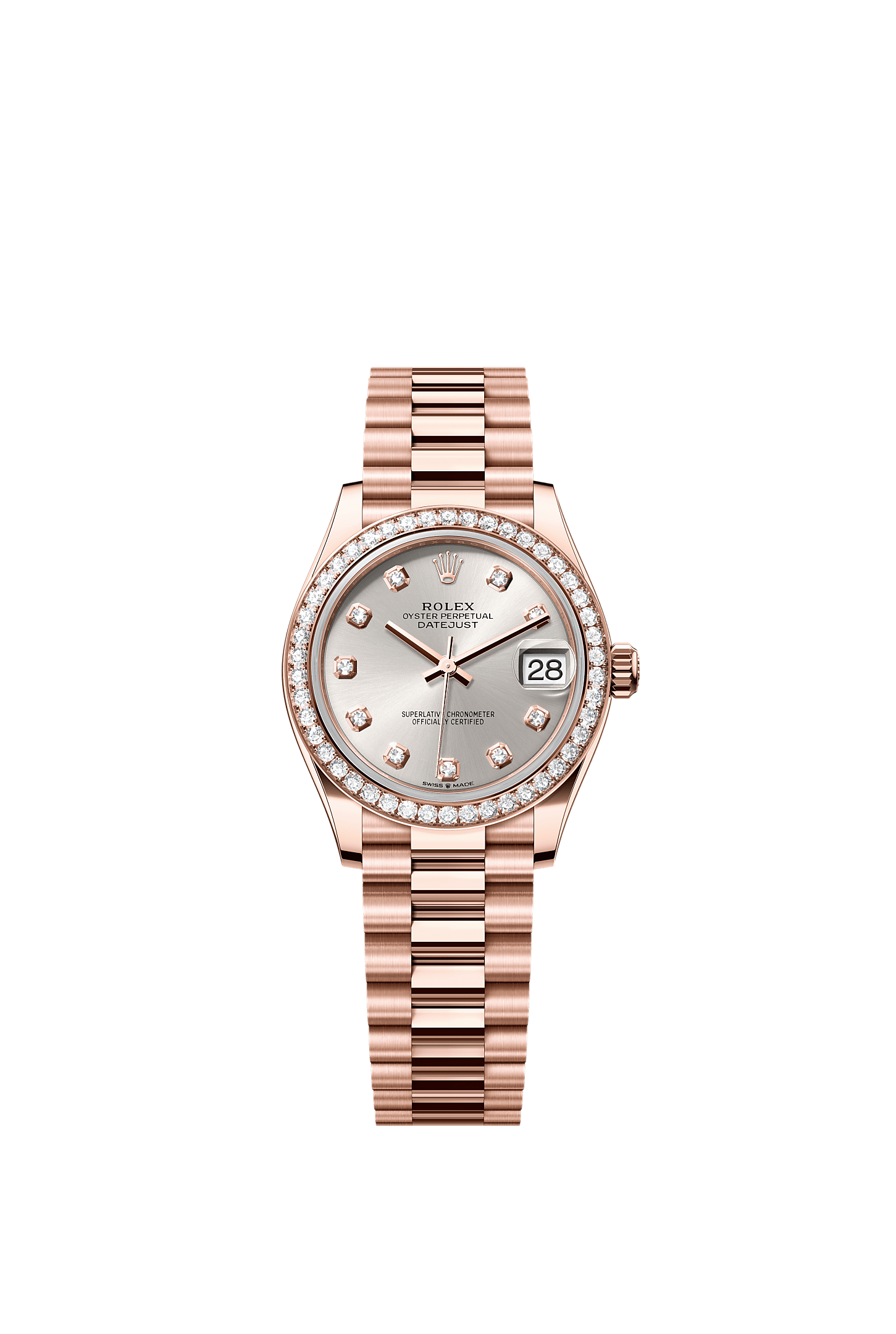 Datejust 31, Oyster, 31 mm, różowe złoto Everose i brylanty, Tarcza : Srebrna, wysadzana brylantami, Rolex