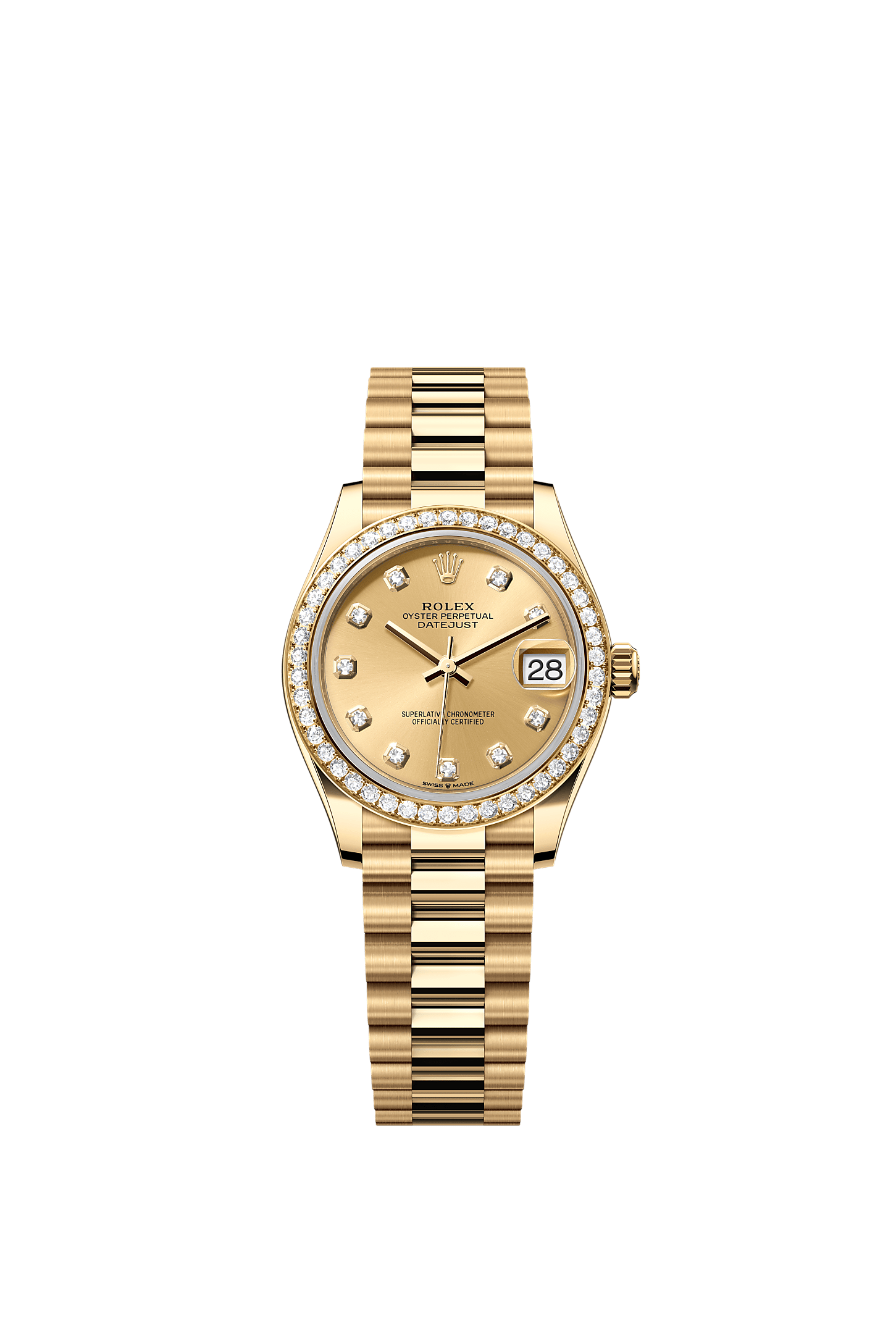 Datejust 31, Oyster, 31 mm, ouro amarelo e diamantes, Mostrador : Cor champagne cravejado de diamantes, Rolex