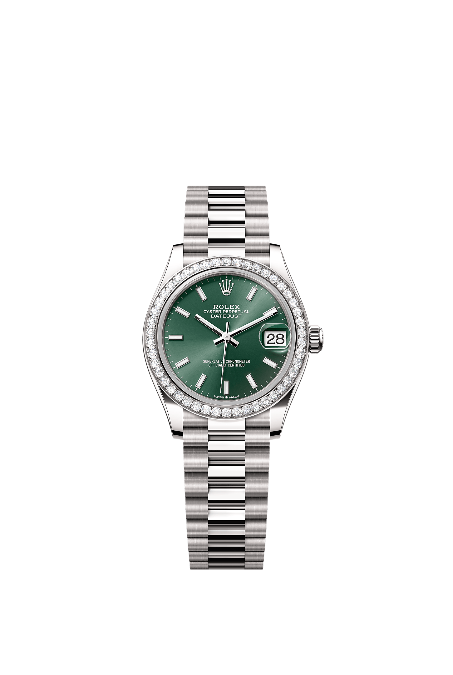 Datejust 31, Oyster, 31 mm, emas putih dan berlian, Permukaan : Hijau pudina, Rolex