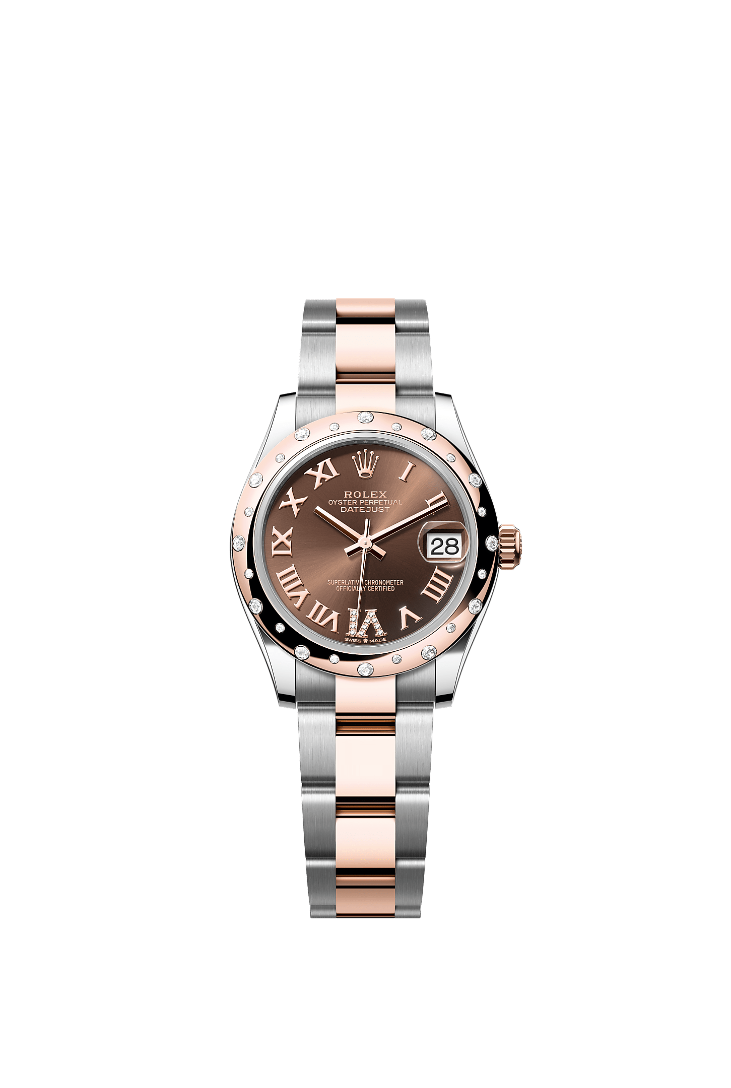 Datejust 31, Oyster, 31 mm, acero Oystersteel, oro Everose y diamantes, Esfera : Chocolate engastada de diamantes, Rolex