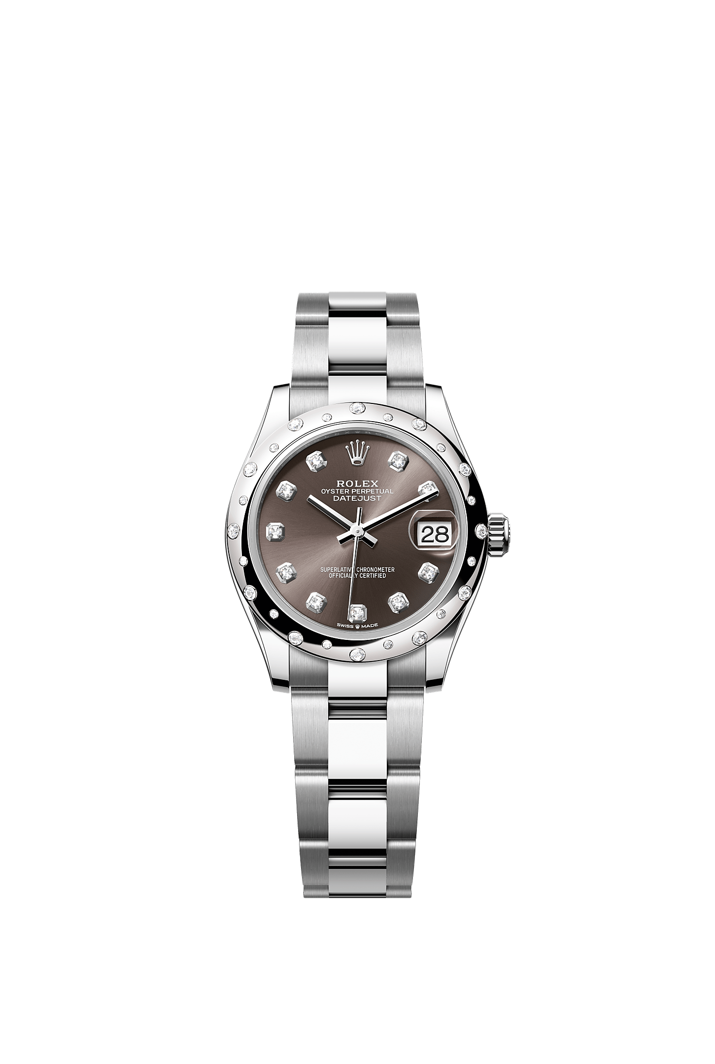Datejust 31, Oyster, 31 mm, acier Oystersteel, or gris et diamants, Cadran : <i>Dark grey</i>, serti de diamants, Rolex