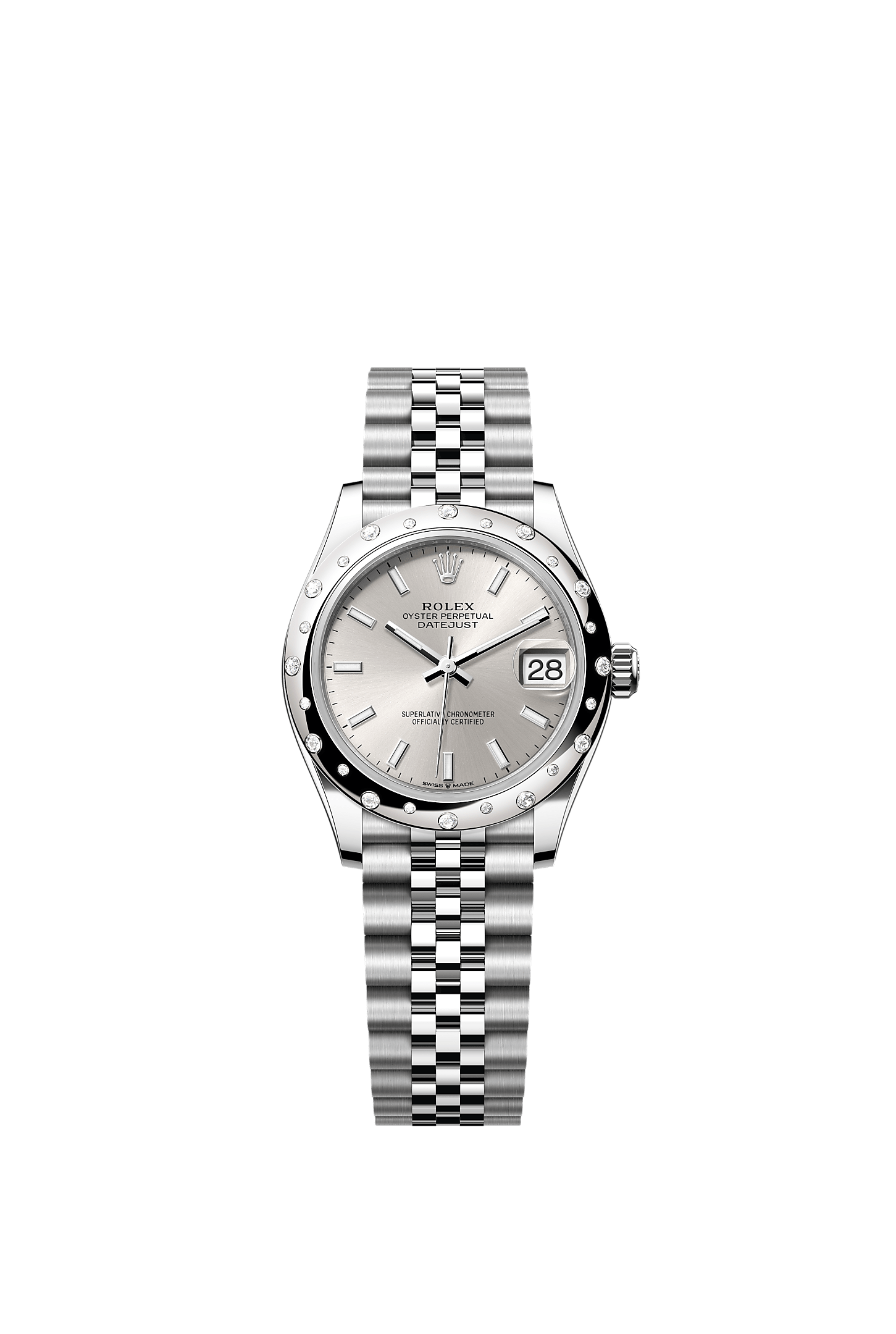 Datejust 31, Oyster, 31 mm, aço Oystersteel, ouro branco e diamantes, Mostrador : Prateado, Rolex