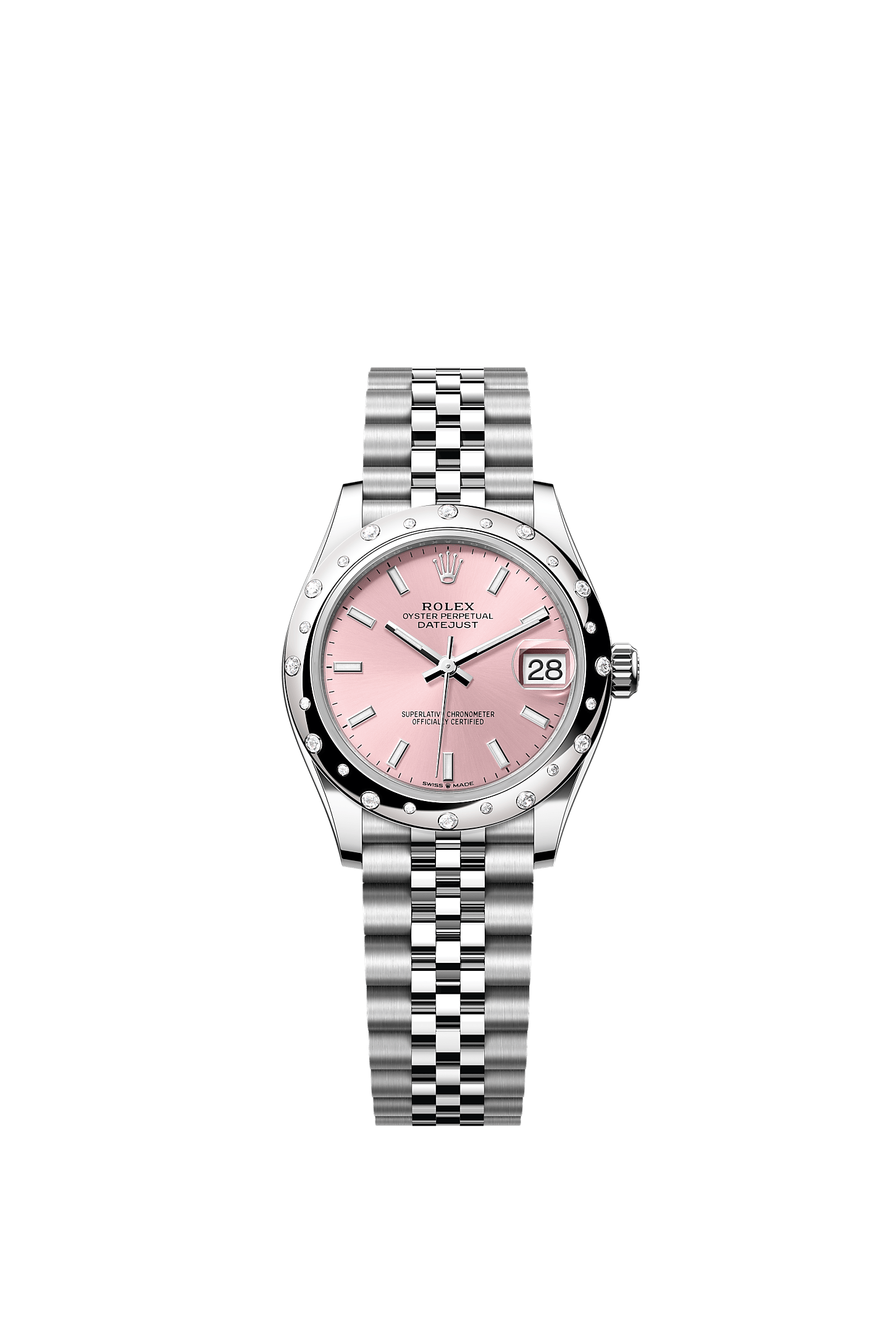 Datejust 31, Oyster, 31 mm, acier Oystersteel, or gris et diamants, Cadran : Rose, Rolex