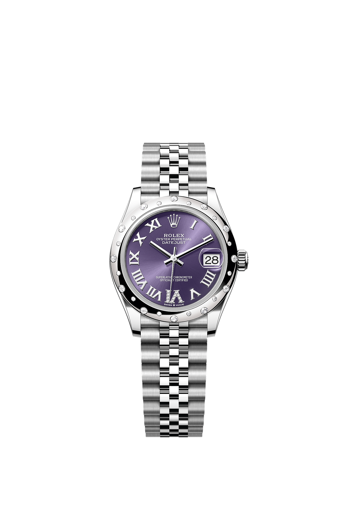 Datejust 31, Oyster, 31 มม., Oystersteel, ทองคำขาวและเพชร, หน้าปัด : สีม่วงเข้มประดับด้วยเพชร, Rolex