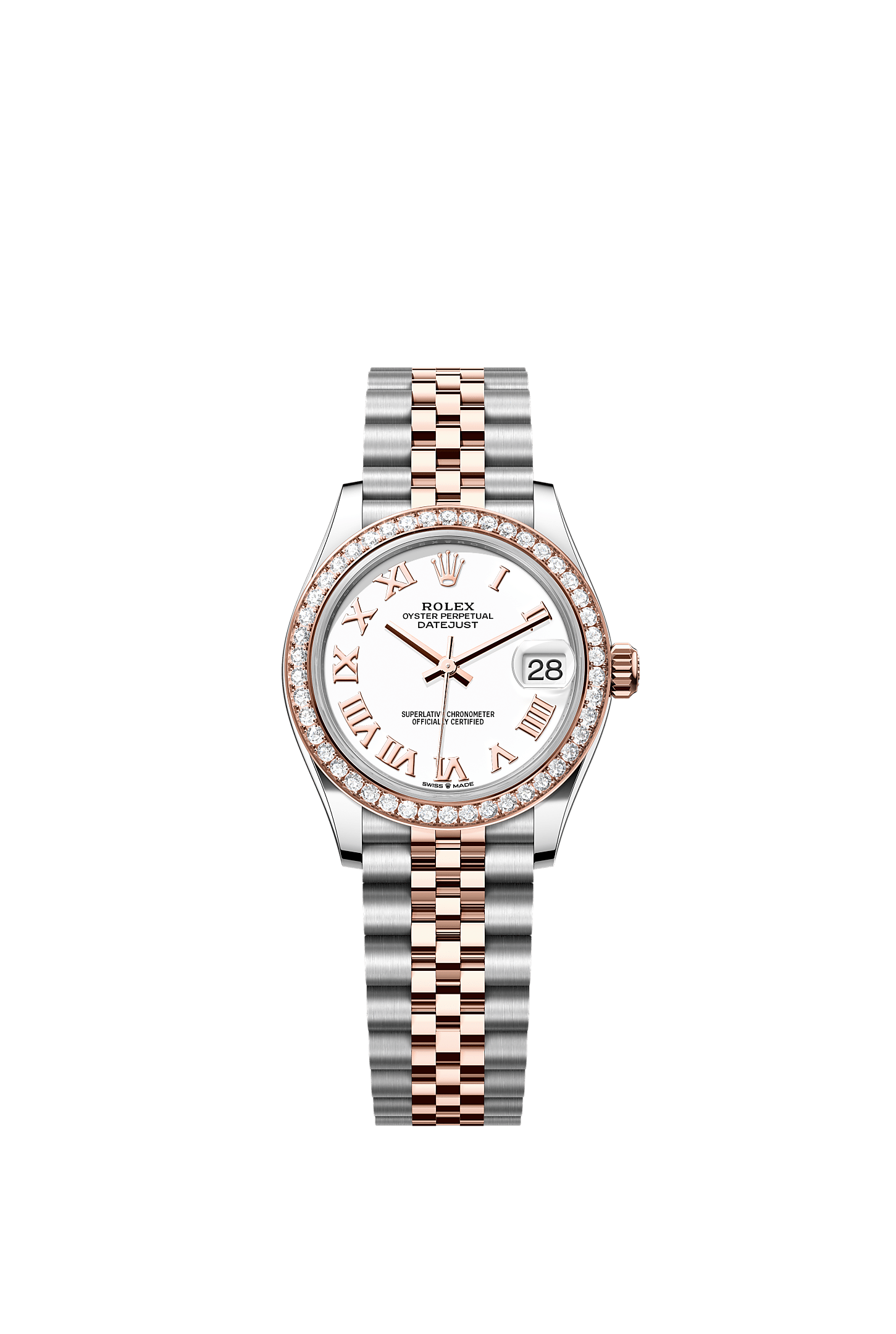 Datejust 31, Oyster, 31 mm, Oystersteel, emas Everose dan berlian, Permukaan : Putih, Rolex