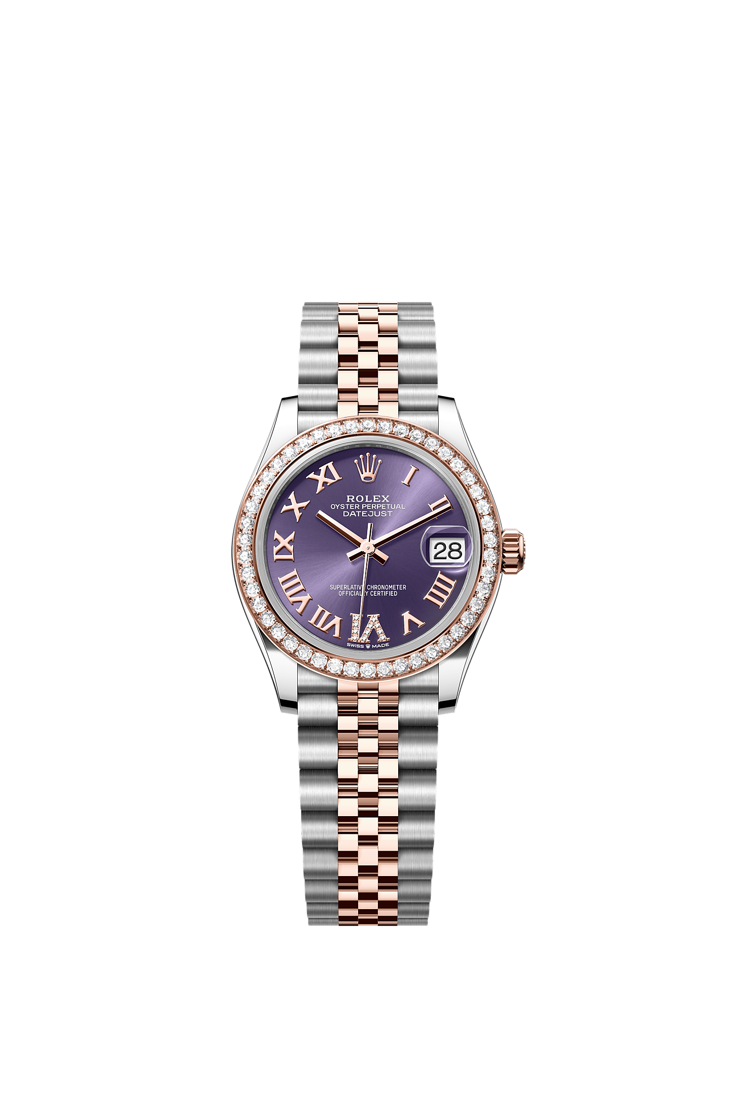 Datejust 31, Oyster, 31 mm, aço Oystersteel, ouro Everose e diamantes, Mostrador : <i>Aubergine</i> cravejado de diamantes, Rolex