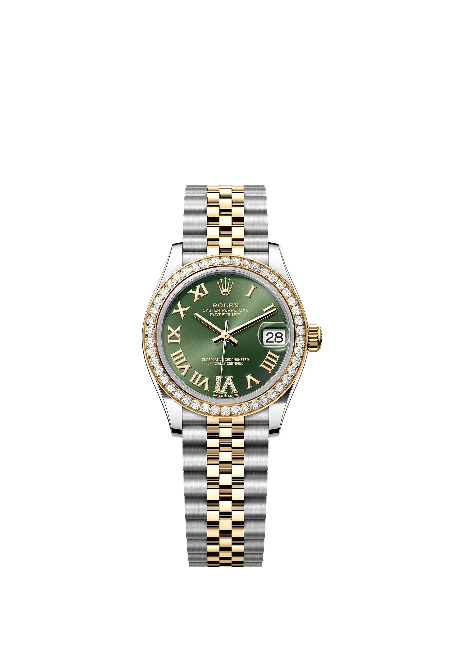 Datejust 31, Oyster, 31 mm, stal Oystersteel, żółte złoto i brylanty, Tarcza : Kolor oliwkowej zieleni, wysadzana brylantami, Rolex
