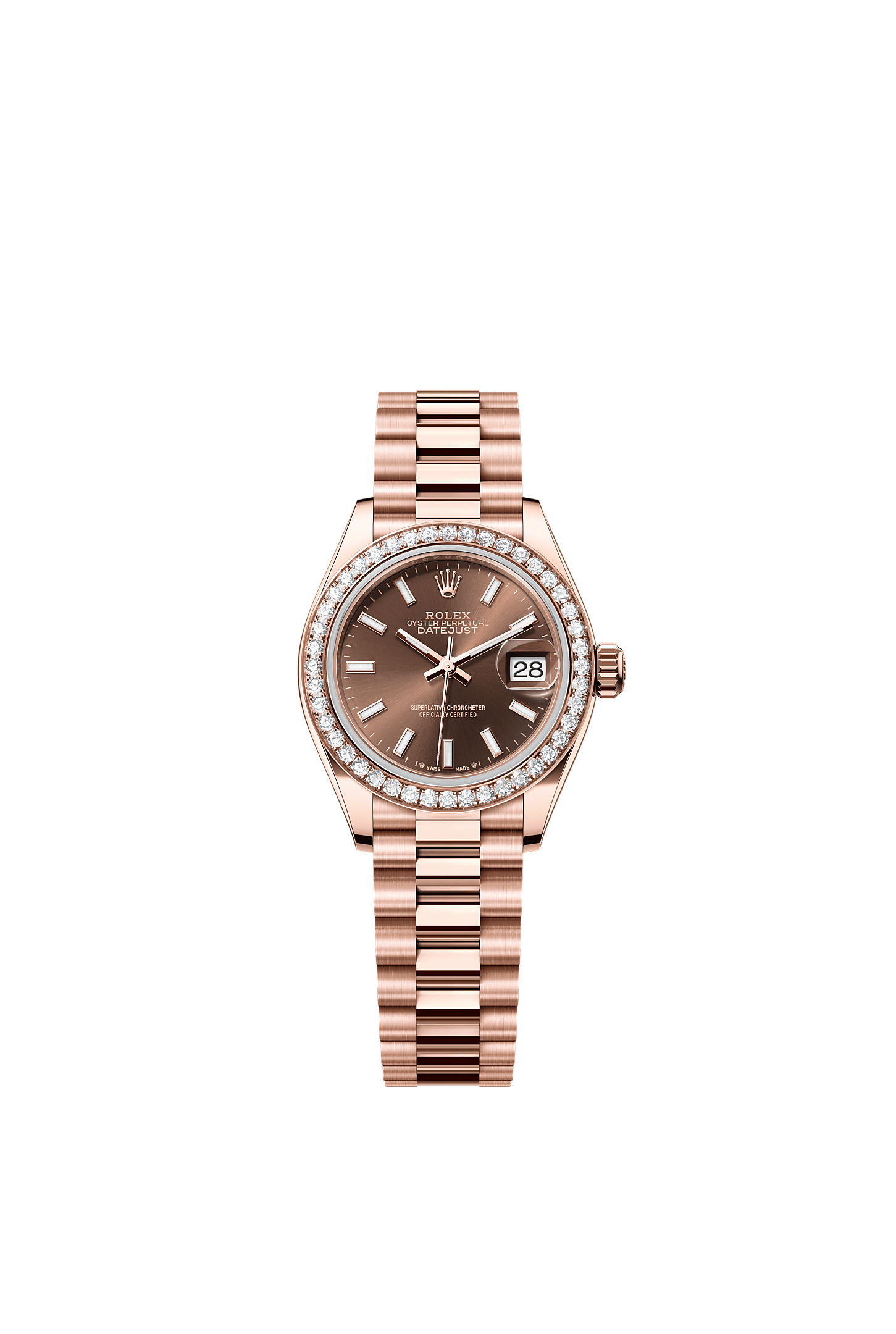Lady-Datejust, Oyster, 28 mm, emas Everose dan berlian, Dial : Cokelat, Rolex