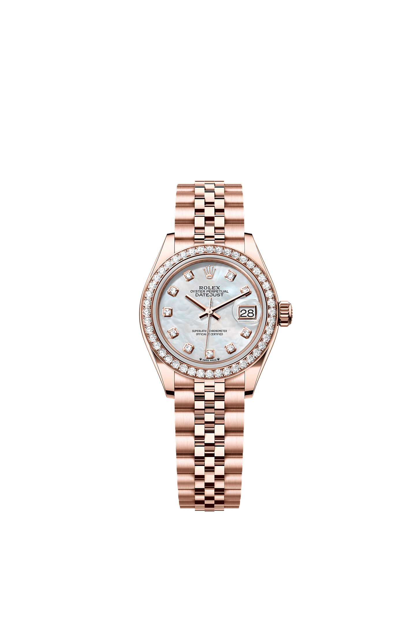 Lady-Datejust, Oyster, 28 mm, Everose altın ve pırlanta, Kadran : Pırlantalı beyaz sedef, Rolex