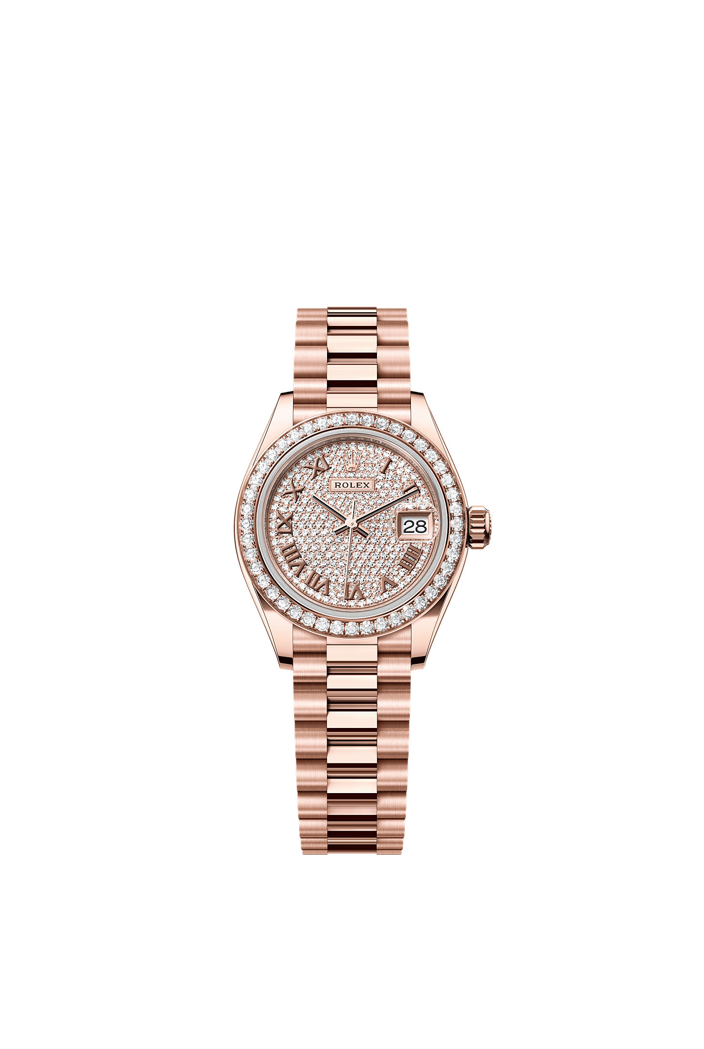 Lady-Datejust, Oyster, 28 mm, emas Everose dan berlian, Permukaan : Berturap berlian, Rolex
