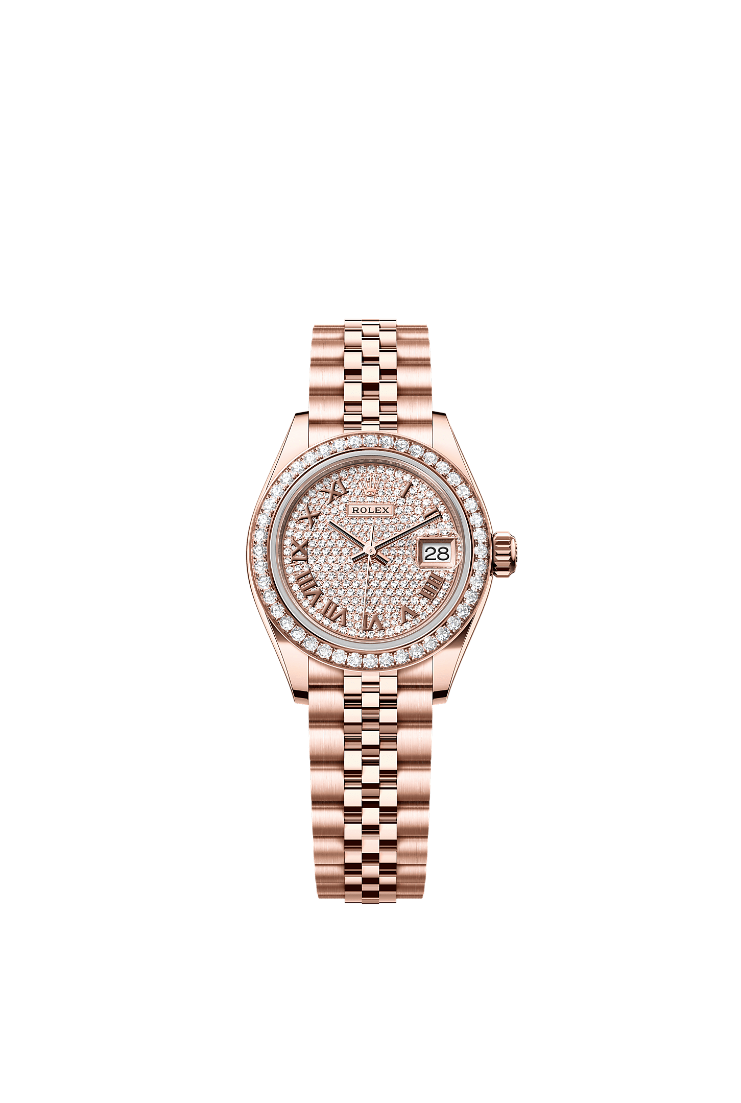 Lady-Datejust, Oyster, 28 mm, ouro Everose e diamantes, Mostrador : Pavê de diamantes, Rolex