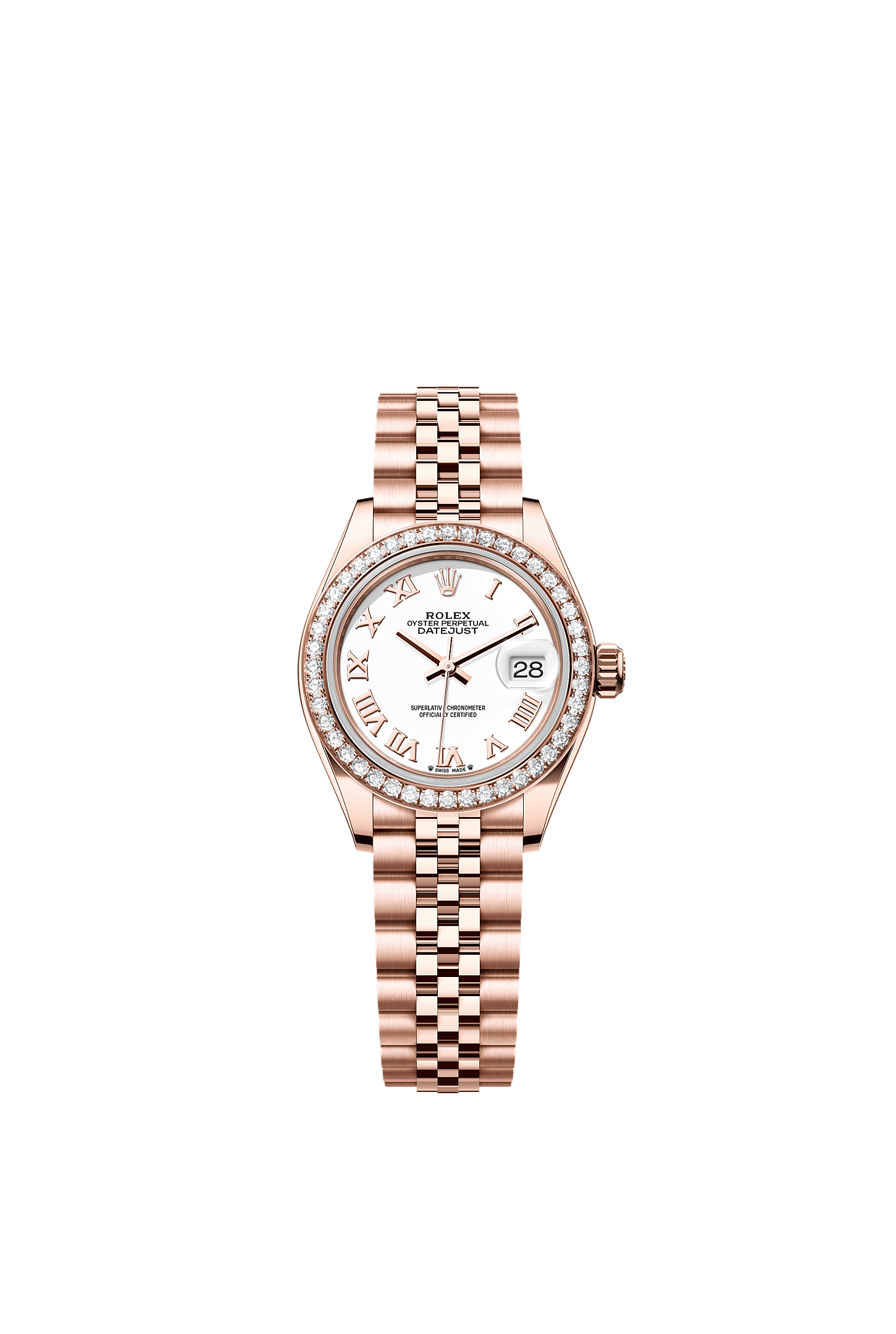 Lady-Datejust, Oyster, 28 mm, Everose gold and diamonds, Dial : White, Rolex