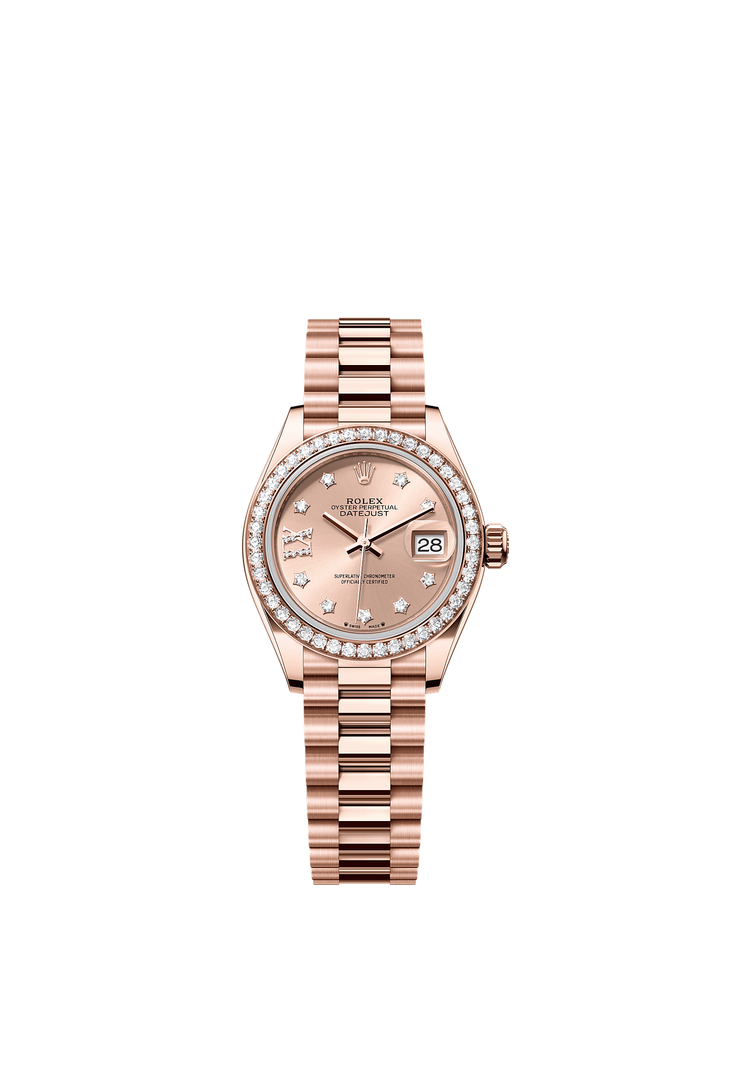 Lady-Datejust, Oyster, 28 mm, różowe złoto Everose i brylanty, Tarcza : W kolorze rosé, wysadzana brylantami, Rolex